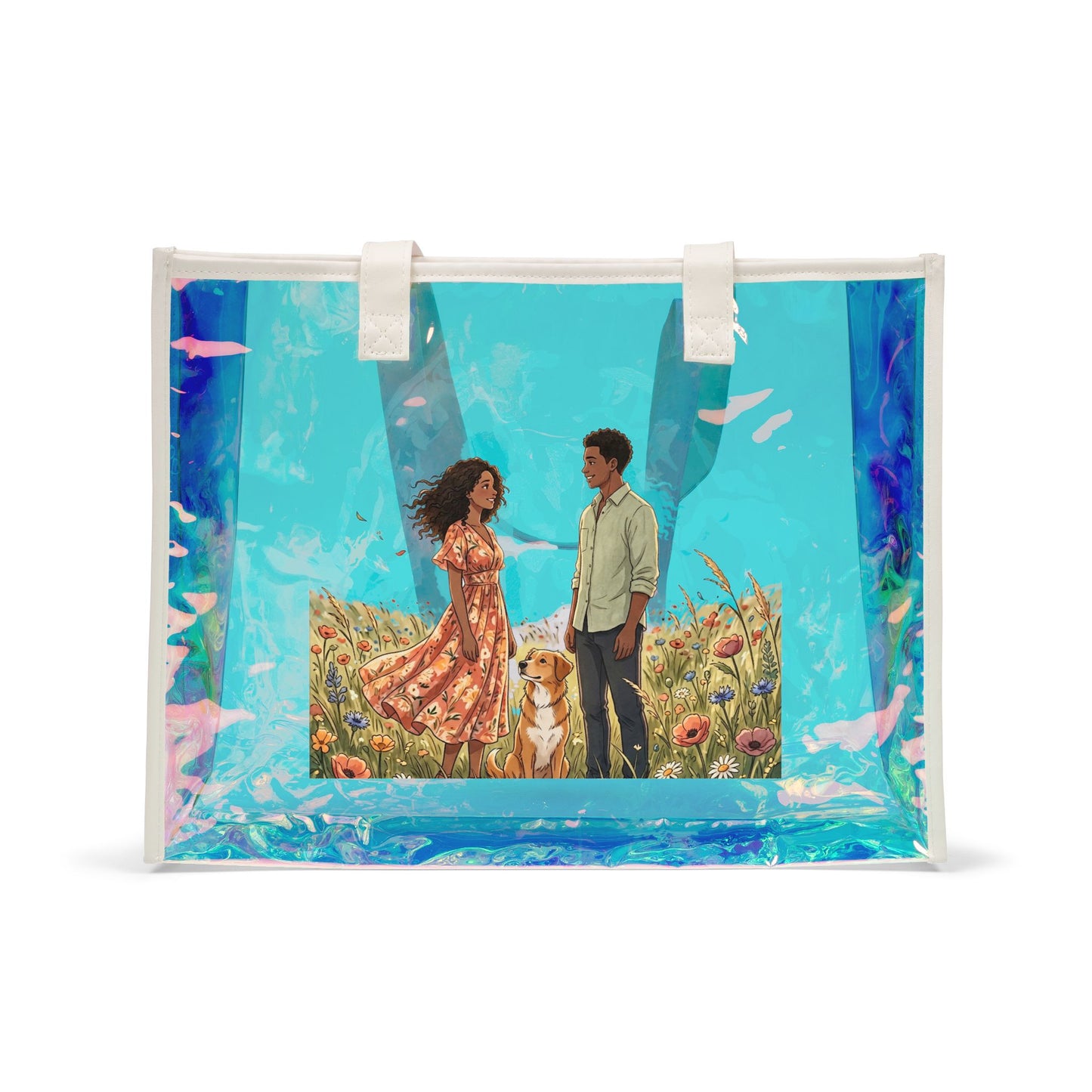 Holographic Beach Tote Bag – Romantic Couple Illustration