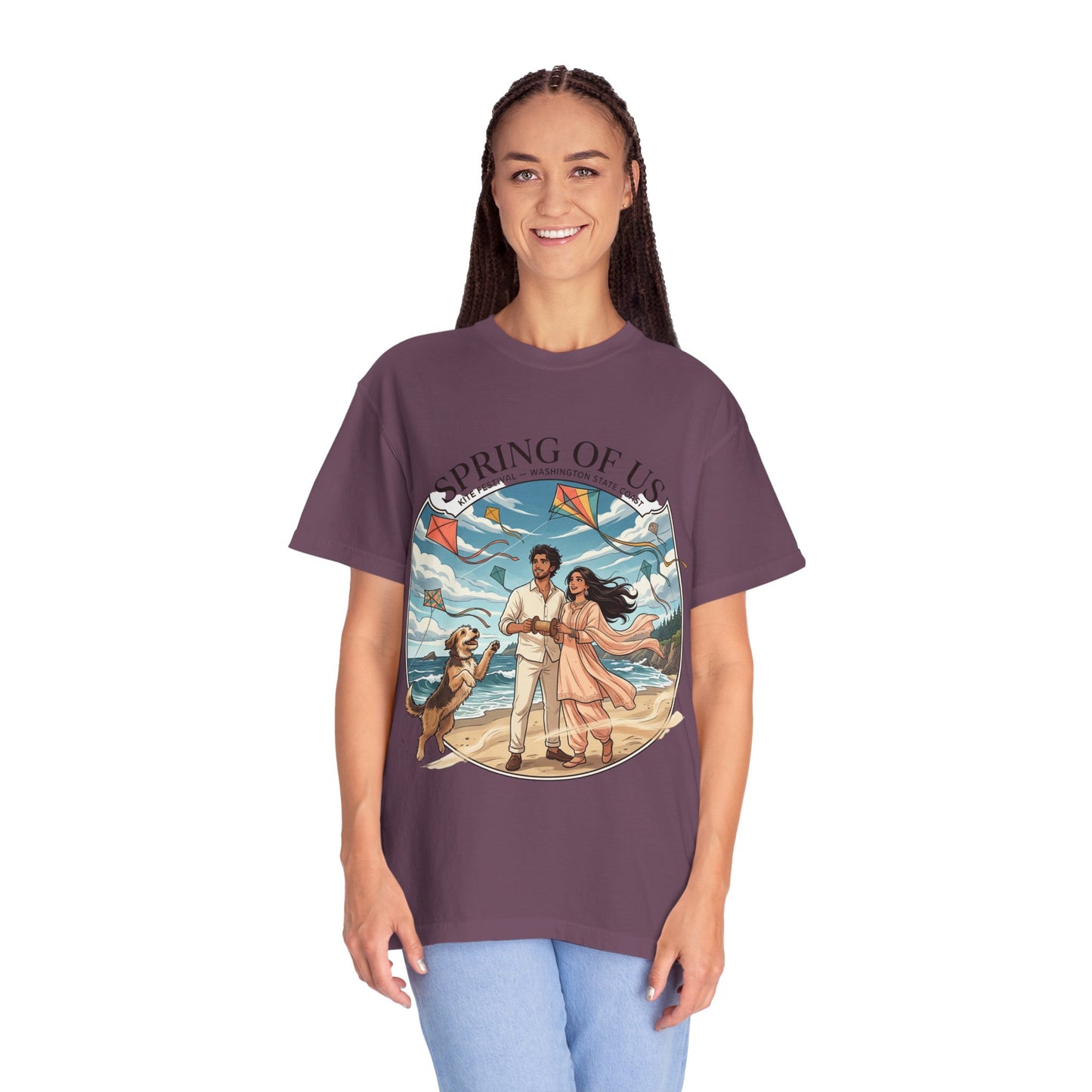 Spring of Us T-Shirt — Romantic Beach Couple Illustration with Dog