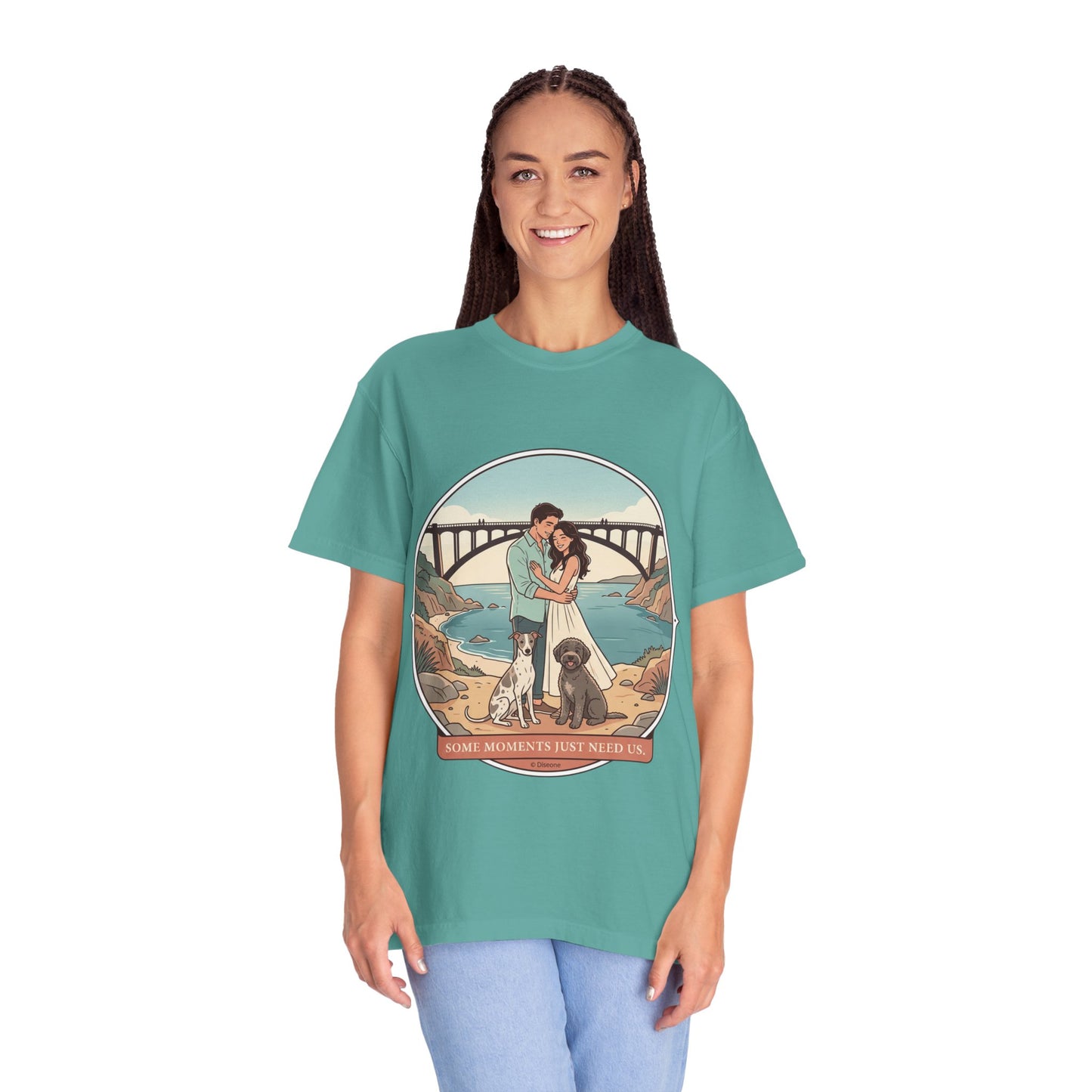 T-Shirt — Romantic Coastal Couples Tee “Some Moments Are Forever” with Dogs