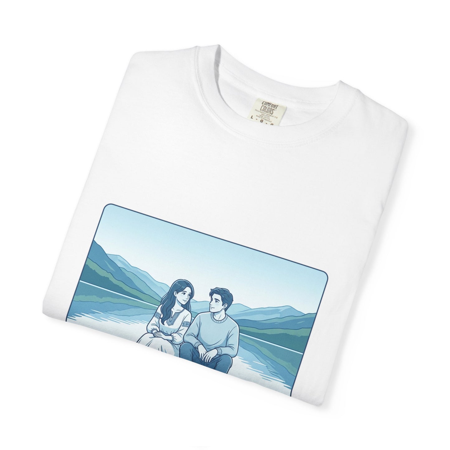 Peaceful Moments Tee — Couple Sitting by Lake Graphic T-Shirt