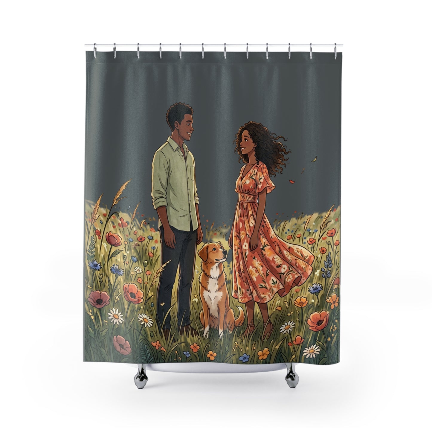 Romantic Meadow Couple Shower Curtain — Floral Fields Bathroom Decor