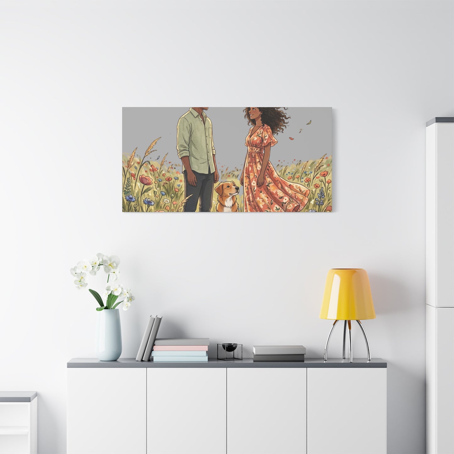 Romantic Couple in Wildflower Field Canvas Art — Black Love Wall Decor with Dog