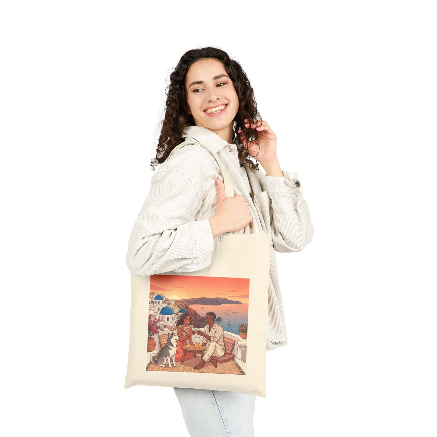 Santorini Sunset Beach Tote — Romantic Couple & Dog Canvas Bag