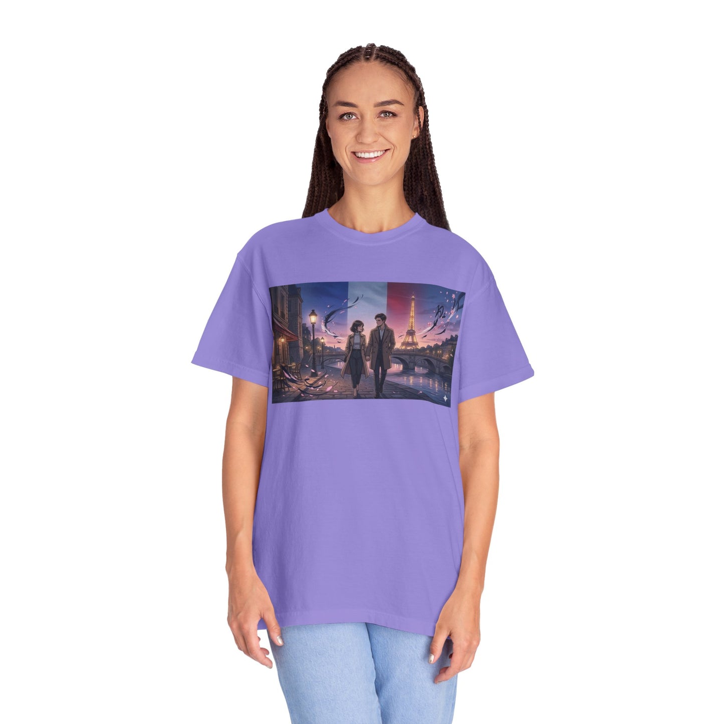 Couple Walking, Eiffel Tower - T-Shirt — Romantic Paris Nightscape Graphic Tee