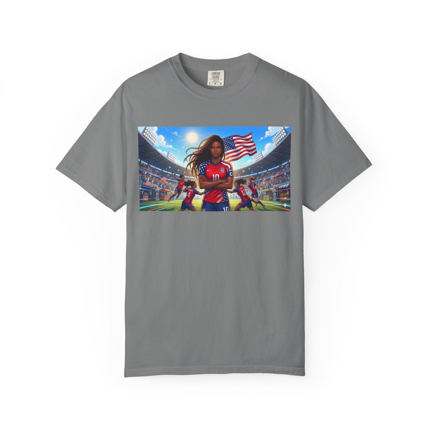 Soccer Mom USA T-Shirt — Female Soccer Player with American Flag Stadium Graphic