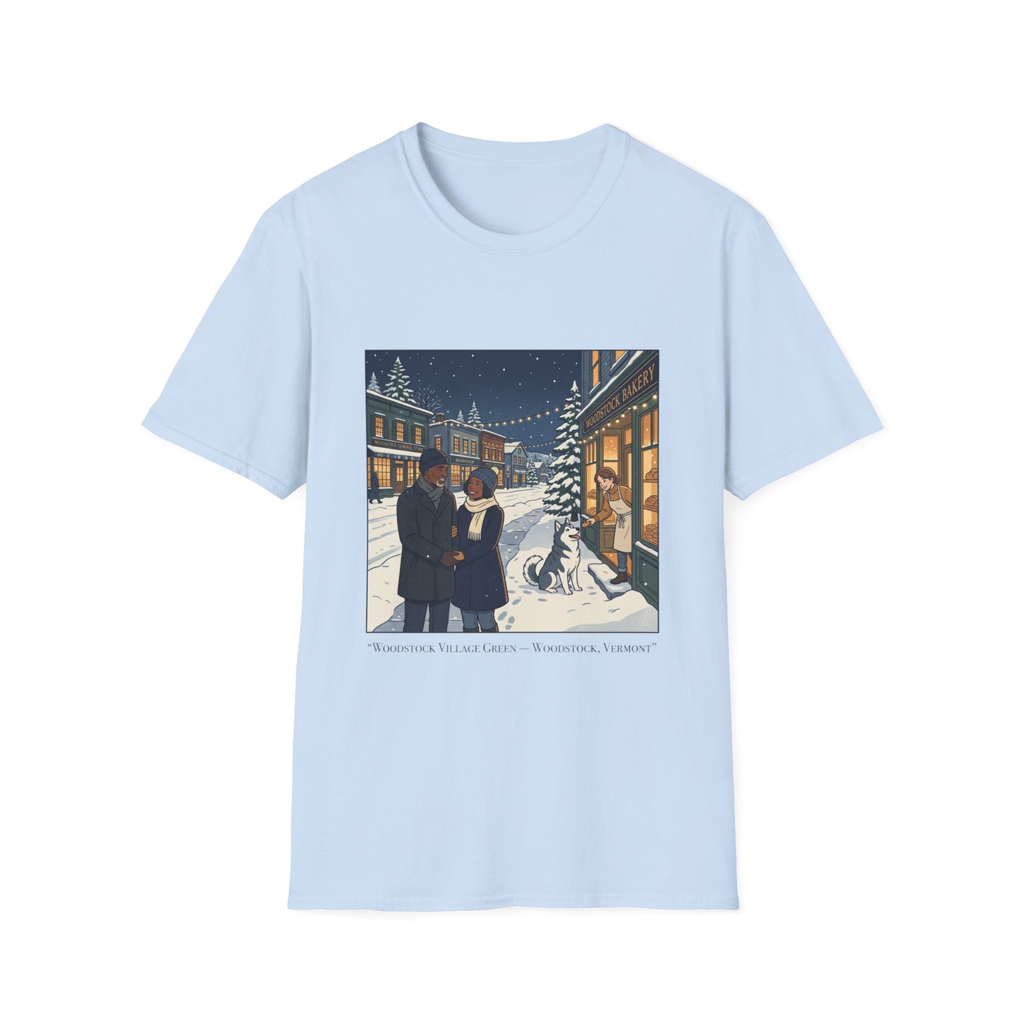 Winter String Lights Stroll T-Shirt — Cozy Holiday Street Scene Graphic Tee