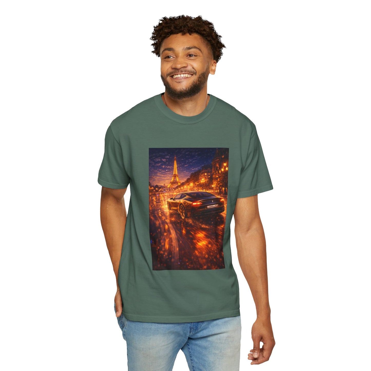 Paris Night Drive T-Shirt — Sports Car in Rainy Cityscape