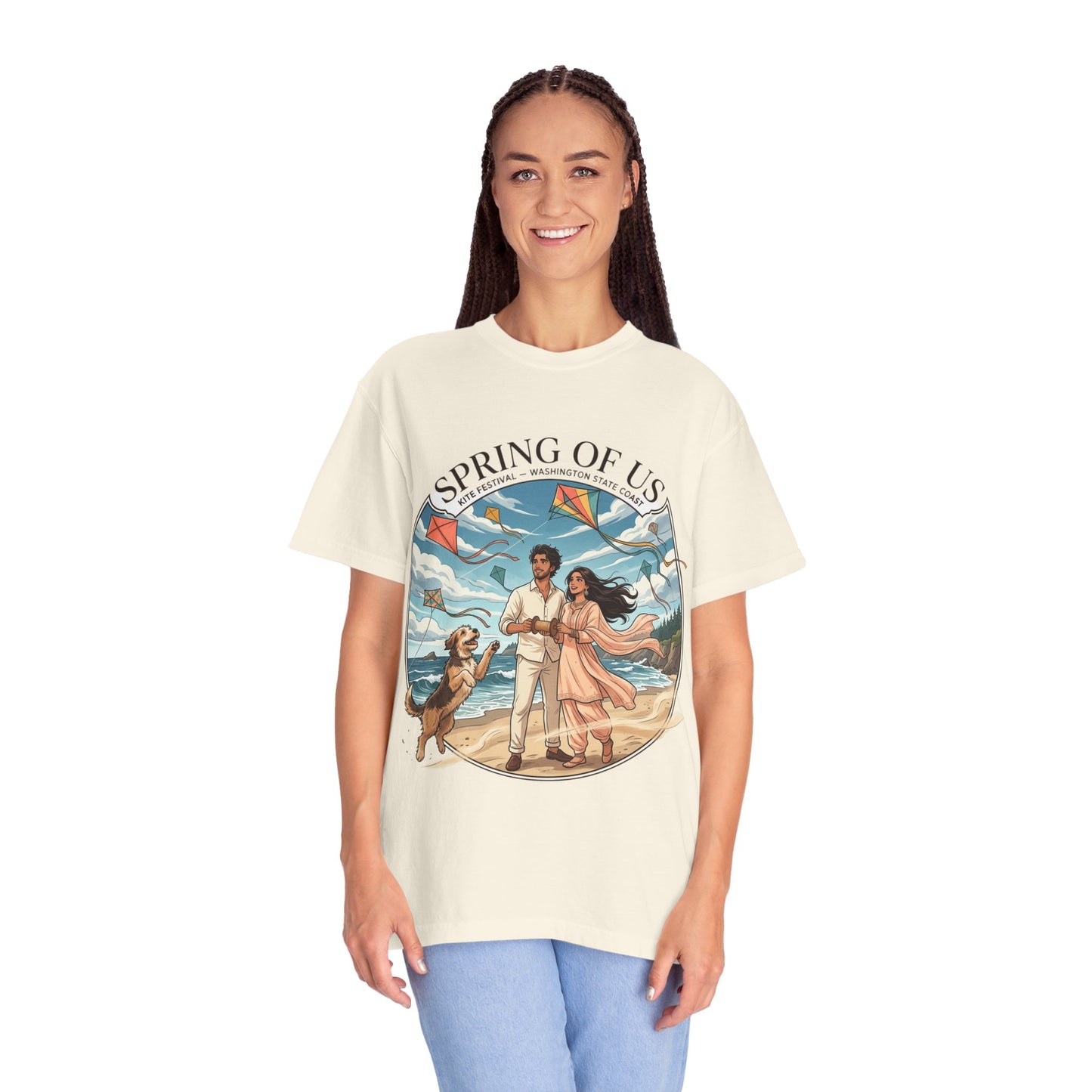 Spring of Us T-Shirt — Romantic Beach Couple Illustration with Dog