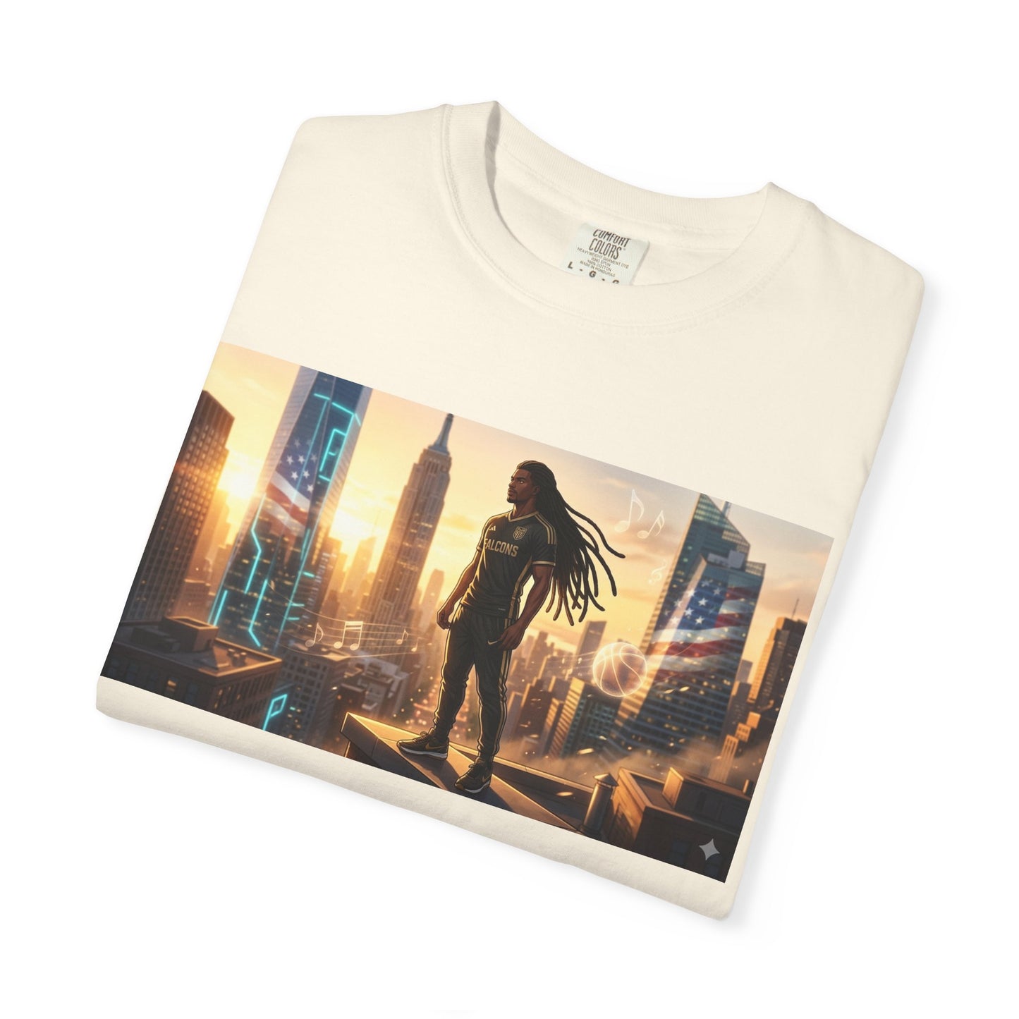 Cyberpunk Cityscape T-Shirt — Silhouette Hero at Sunset