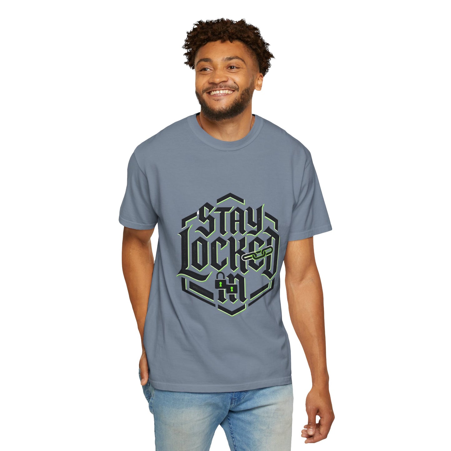 Stay Locked In T-Shirt — Bold Gothic Logo Tee