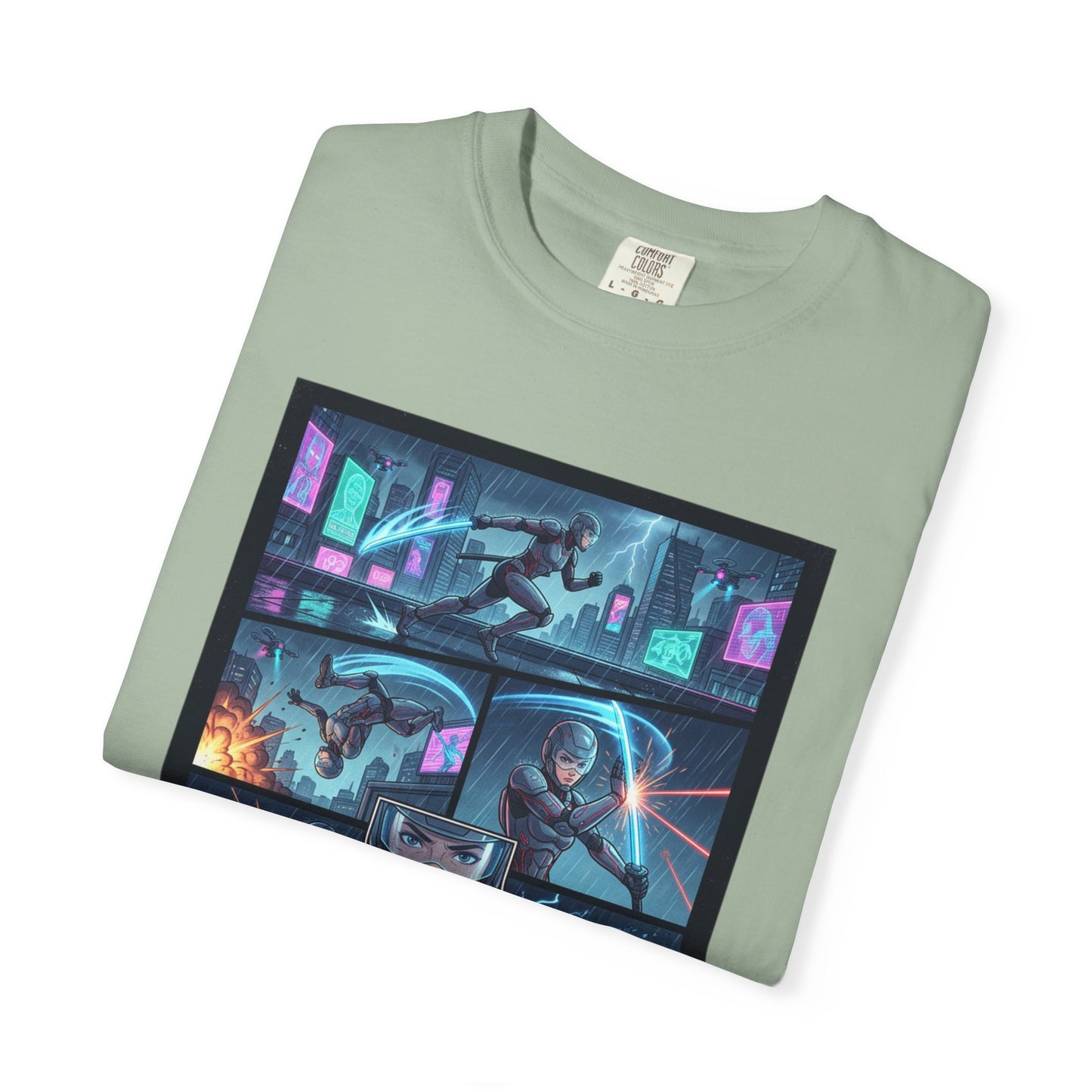 Cyberpunk Girl Samurai T-Shirt — Neon Manga Panel Graphic Tee