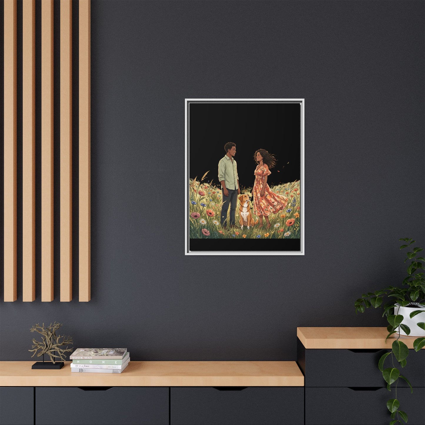 Framed Matte Canvas Print — Romantic Couple in Wildflower Field (Multi‑Color)