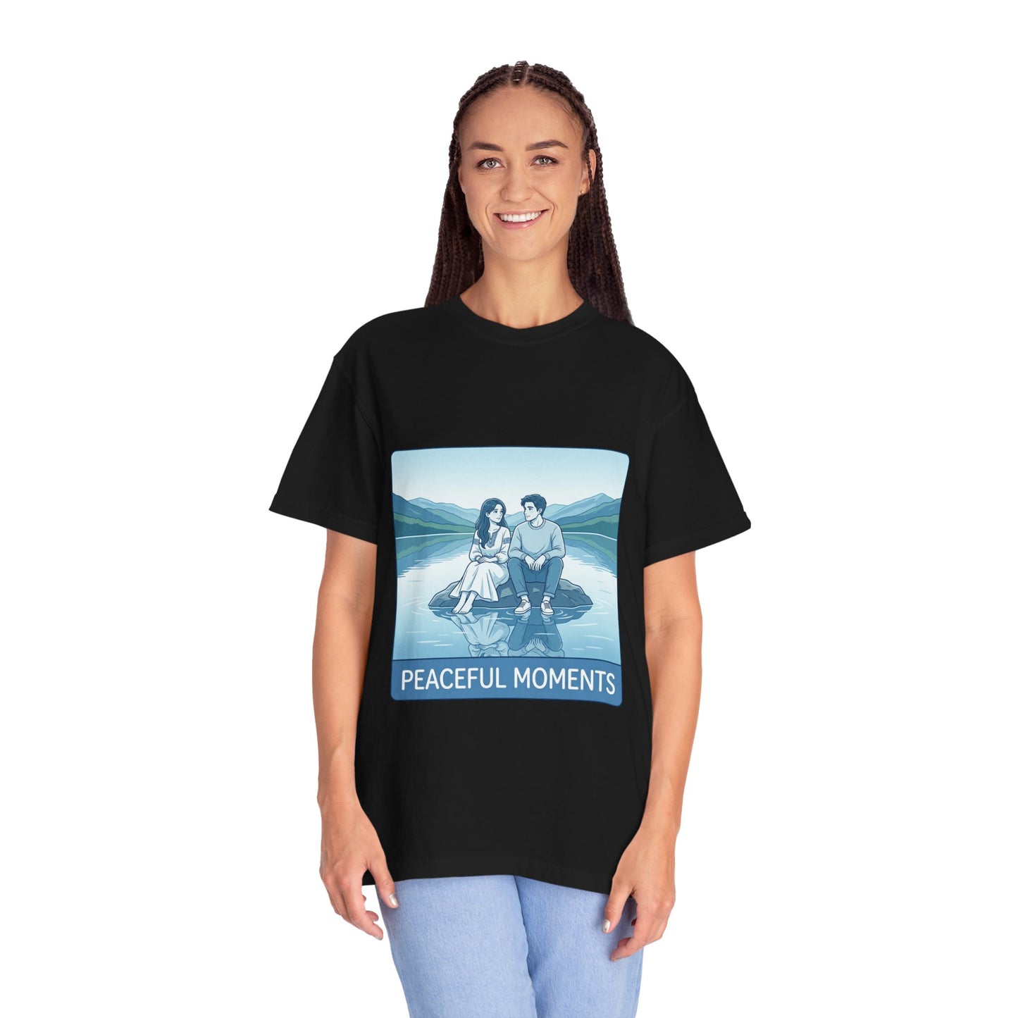 Peaceful Moments Tee — Couple Sitting by Lake Graphic T-Shirt