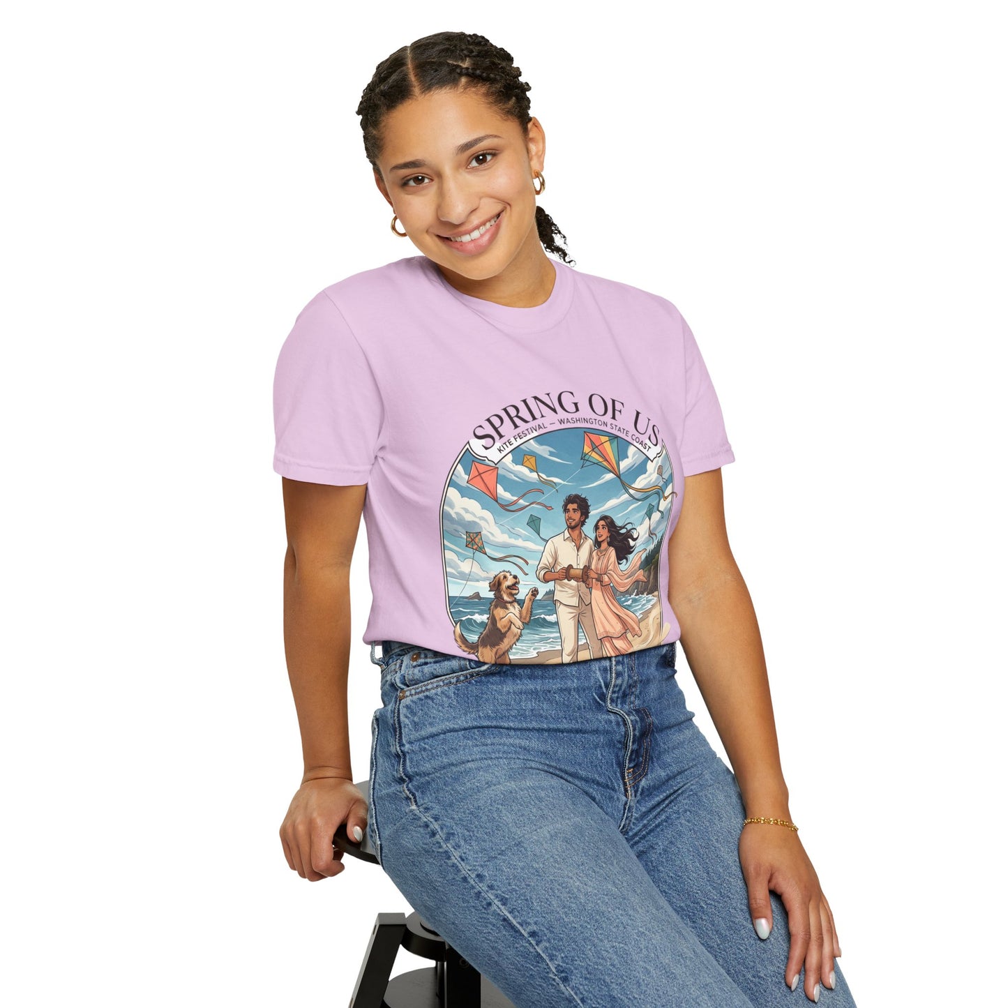 Spring of Us T-Shirt — Romantic Beach Couple Illustration with Dog