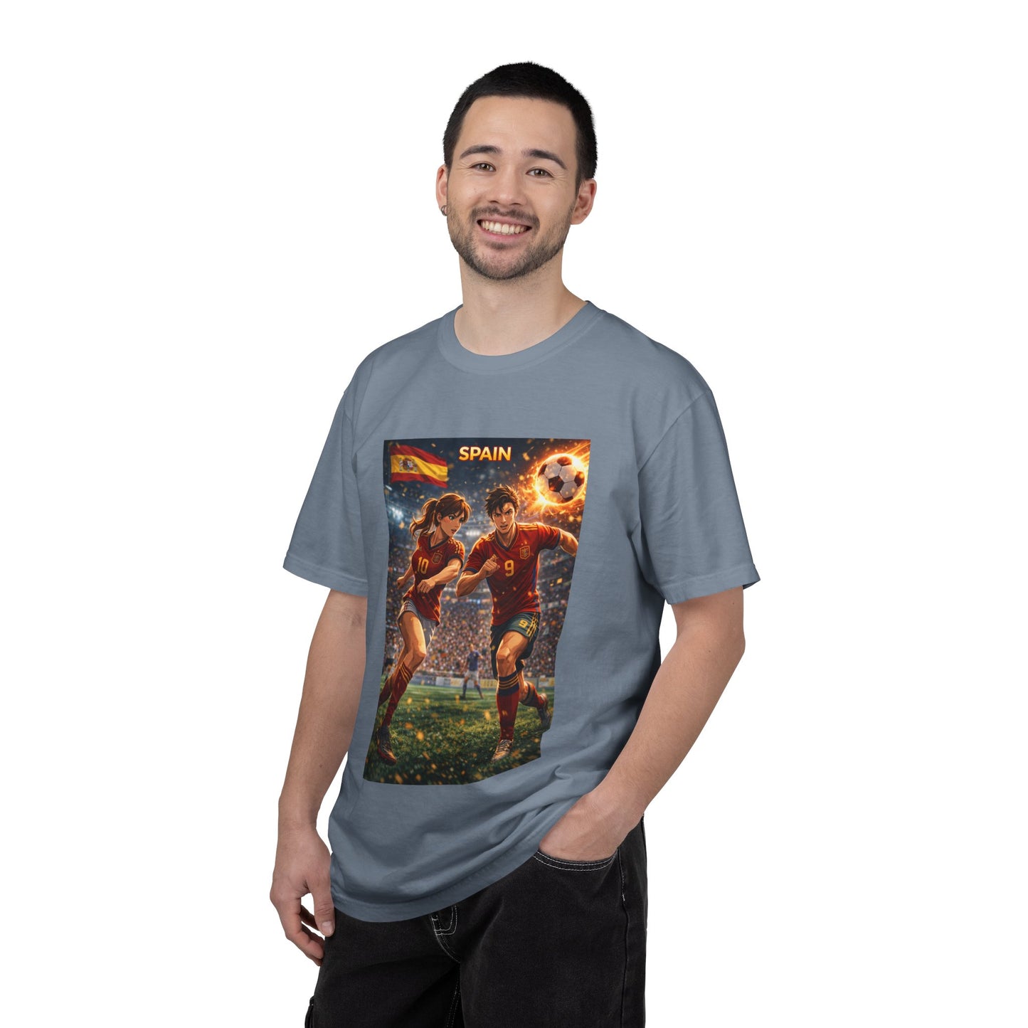 Spain Soccer Graphic T-Shirt — Retro Match Scene with Flag