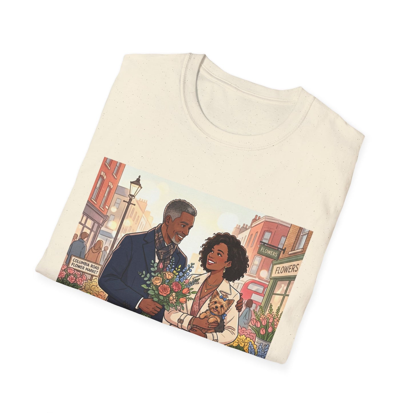 Romantic City Stroll T-Shirt — Couple Bouquet Illustration