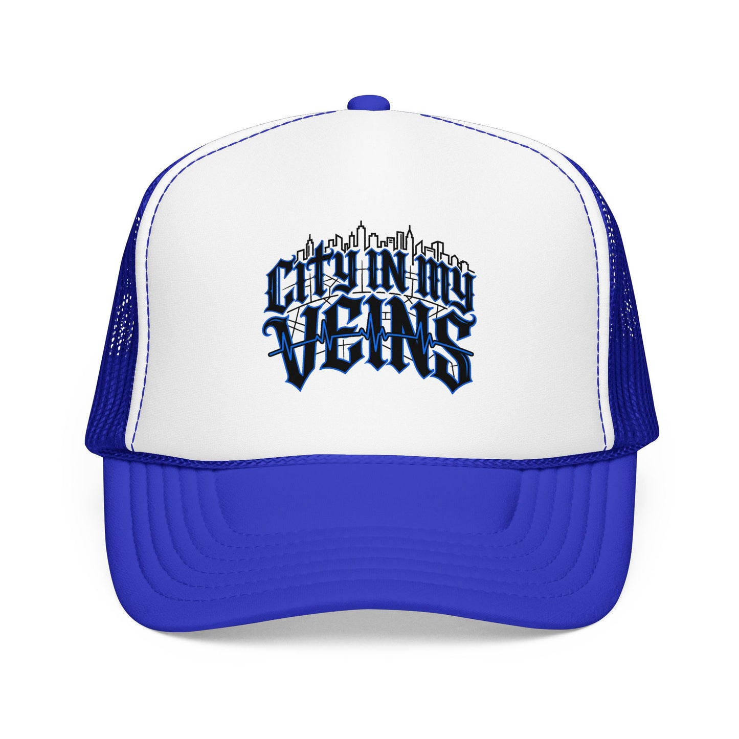 City In My Veins Foam Trucker Hat — Urban Gothic Blue Embroidered Cap