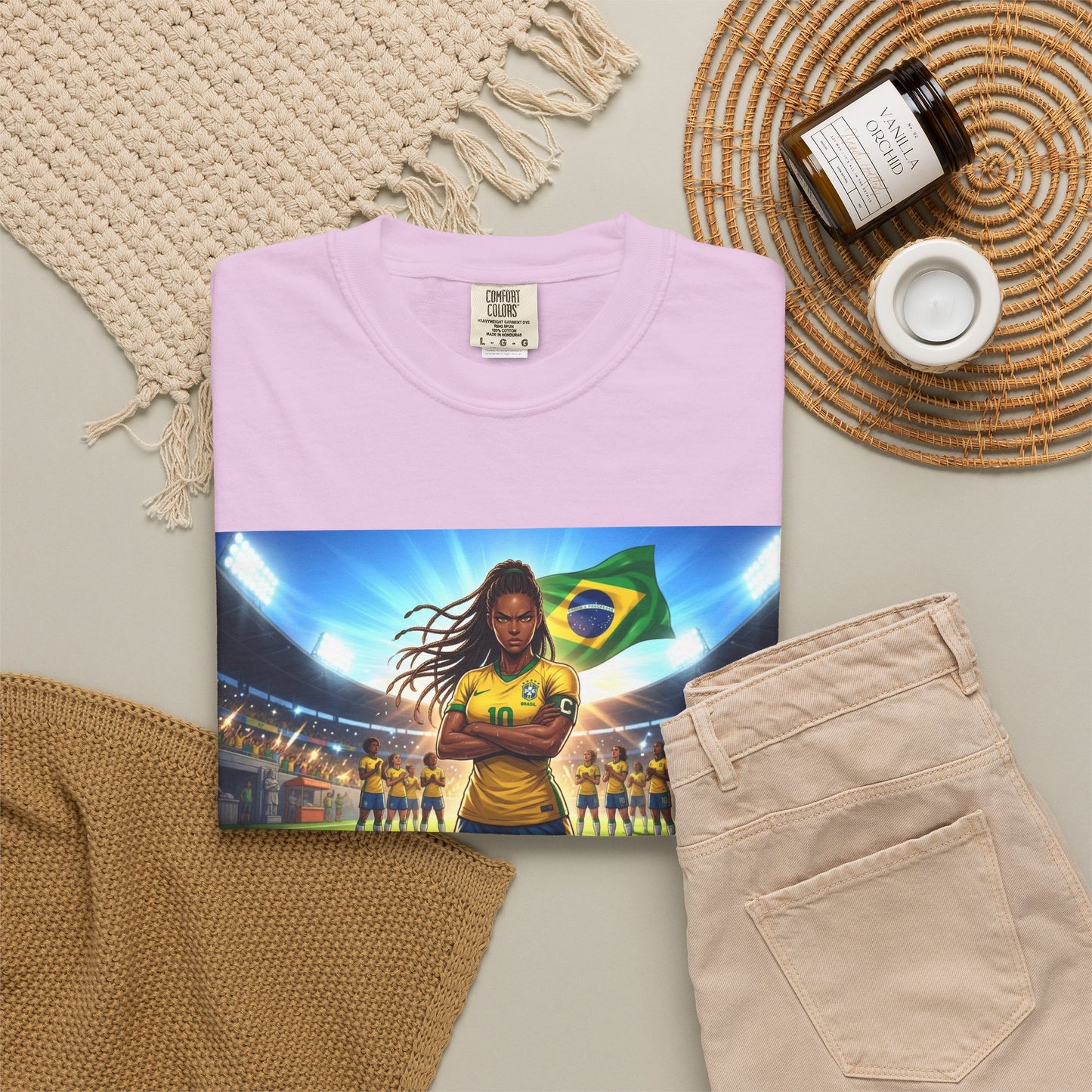 Brazil Soccer Captain T-Shirt — Player Holding Ball with Brazilian Flag Stadium Graphic