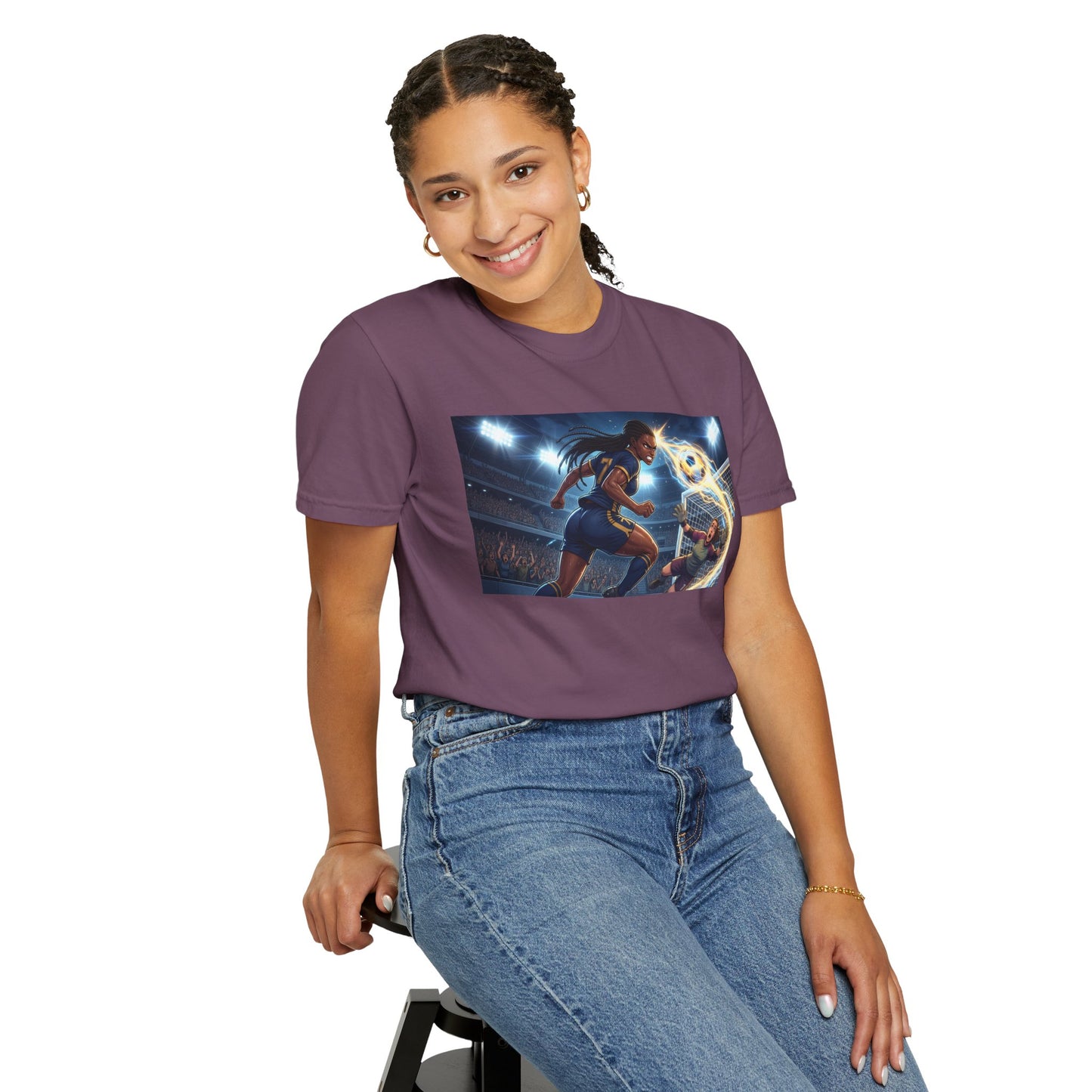 Soccer Duel Graphic T-Shirt — Futuristic Goalkeeper vs Striker Stadium Print