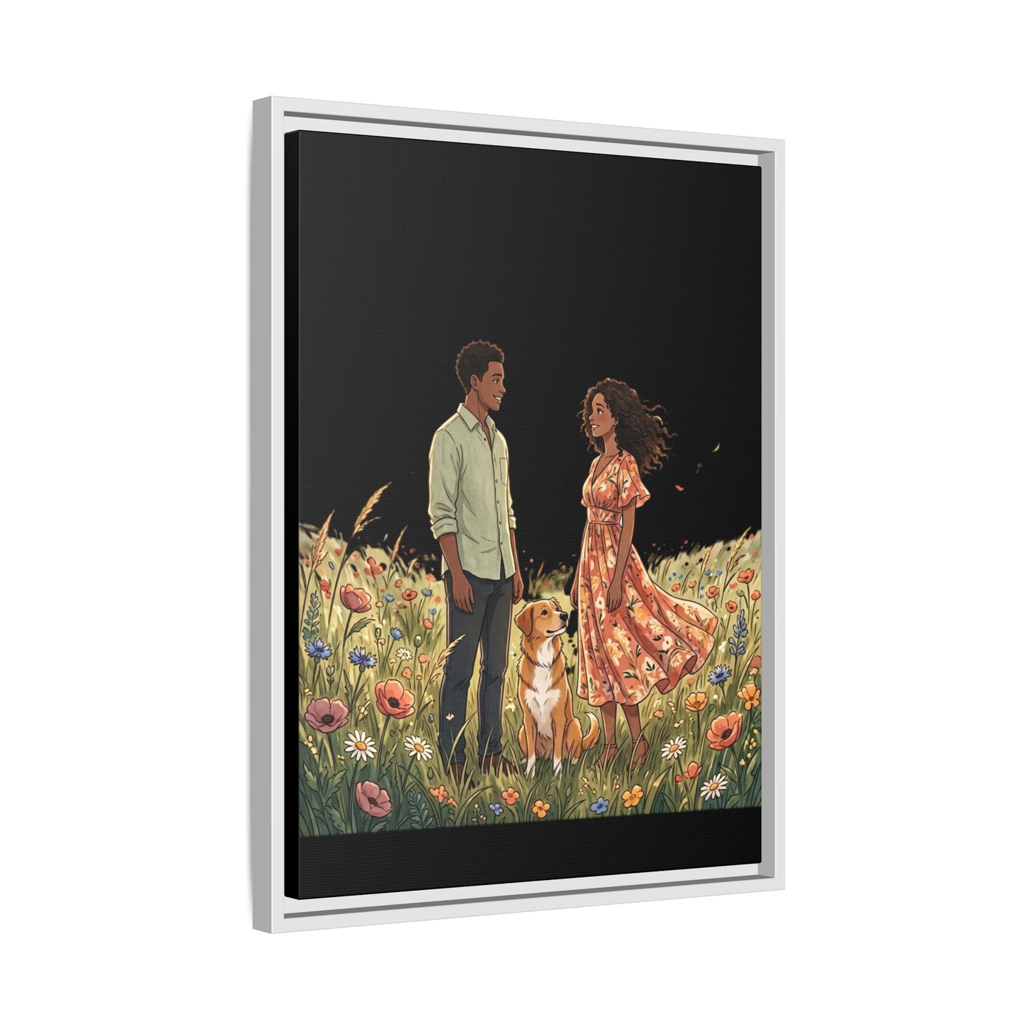 Framed Matte Canvas Print — Romantic Couple in Wildflower Field (Multi‑Color)