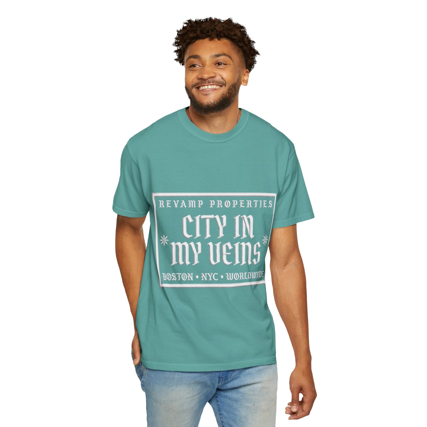 City In My Veins T‑Shirt — Vintage Cityscape Tee (Boston • NYC • Manchester)