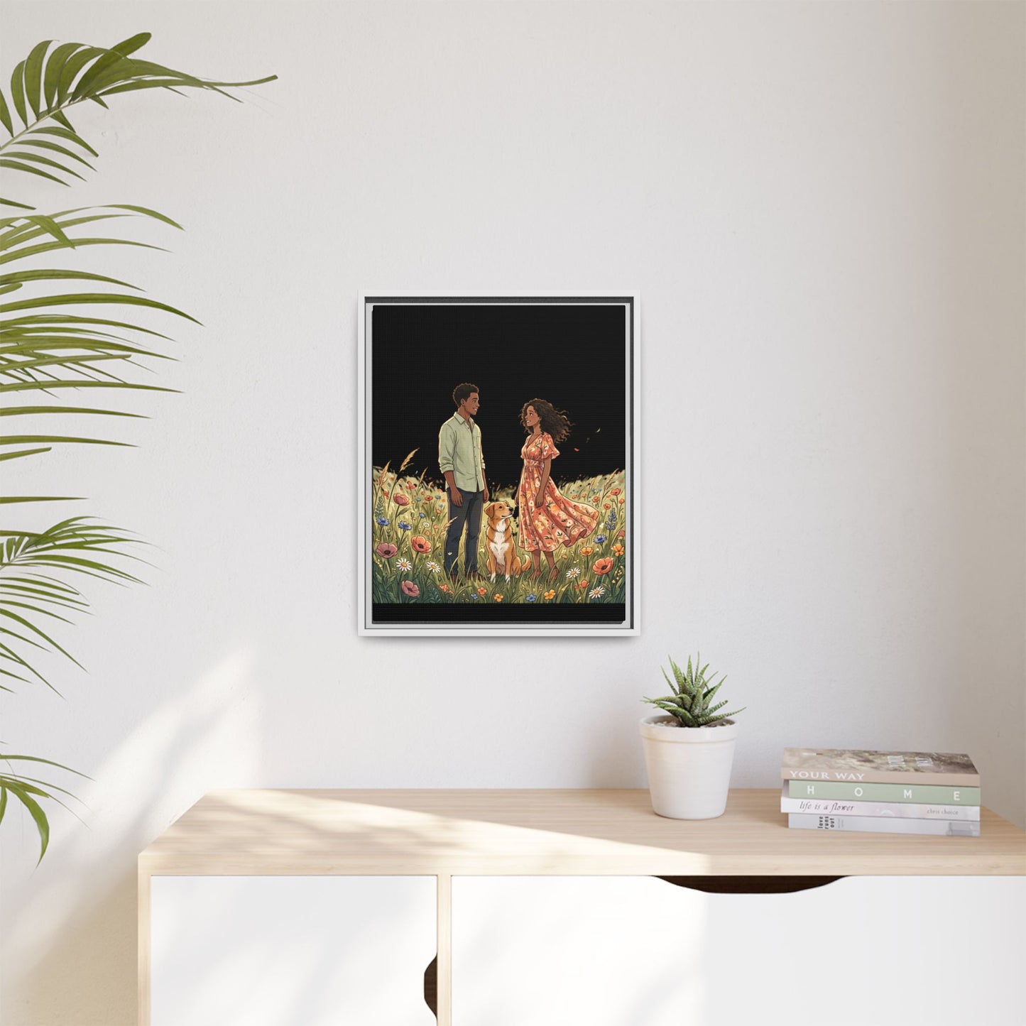 Framed Matte Canvas Print — Romantic Couple in Wildflower Field (Multi‑Color)