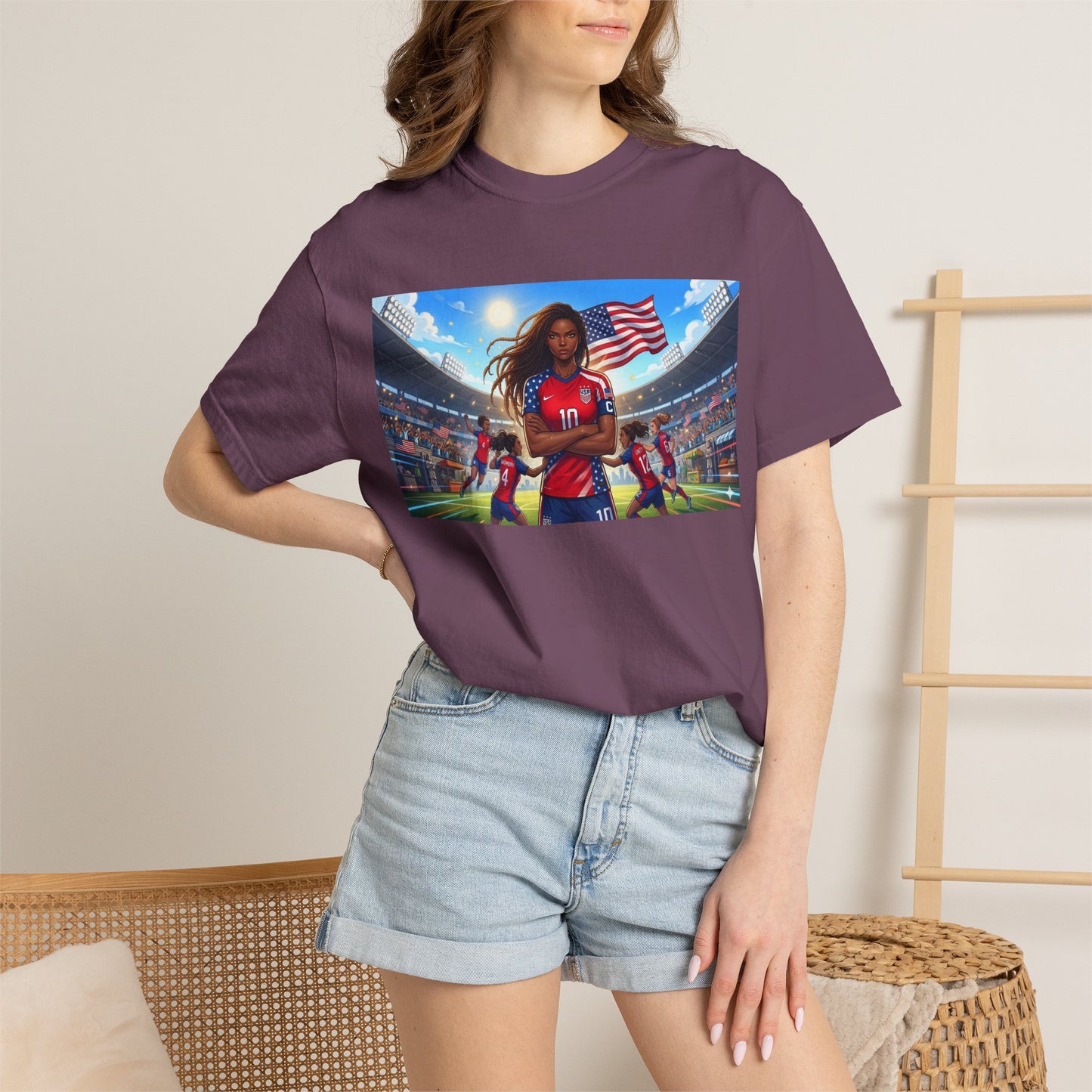 Soccer Mom USA T-Shirt — Female Soccer Player with American Flag Stadium Graphic