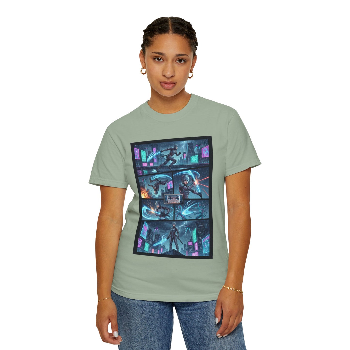 Cyberpunk Girl Samurai T-Shirt — Neon Manga Panel Graphic Tee