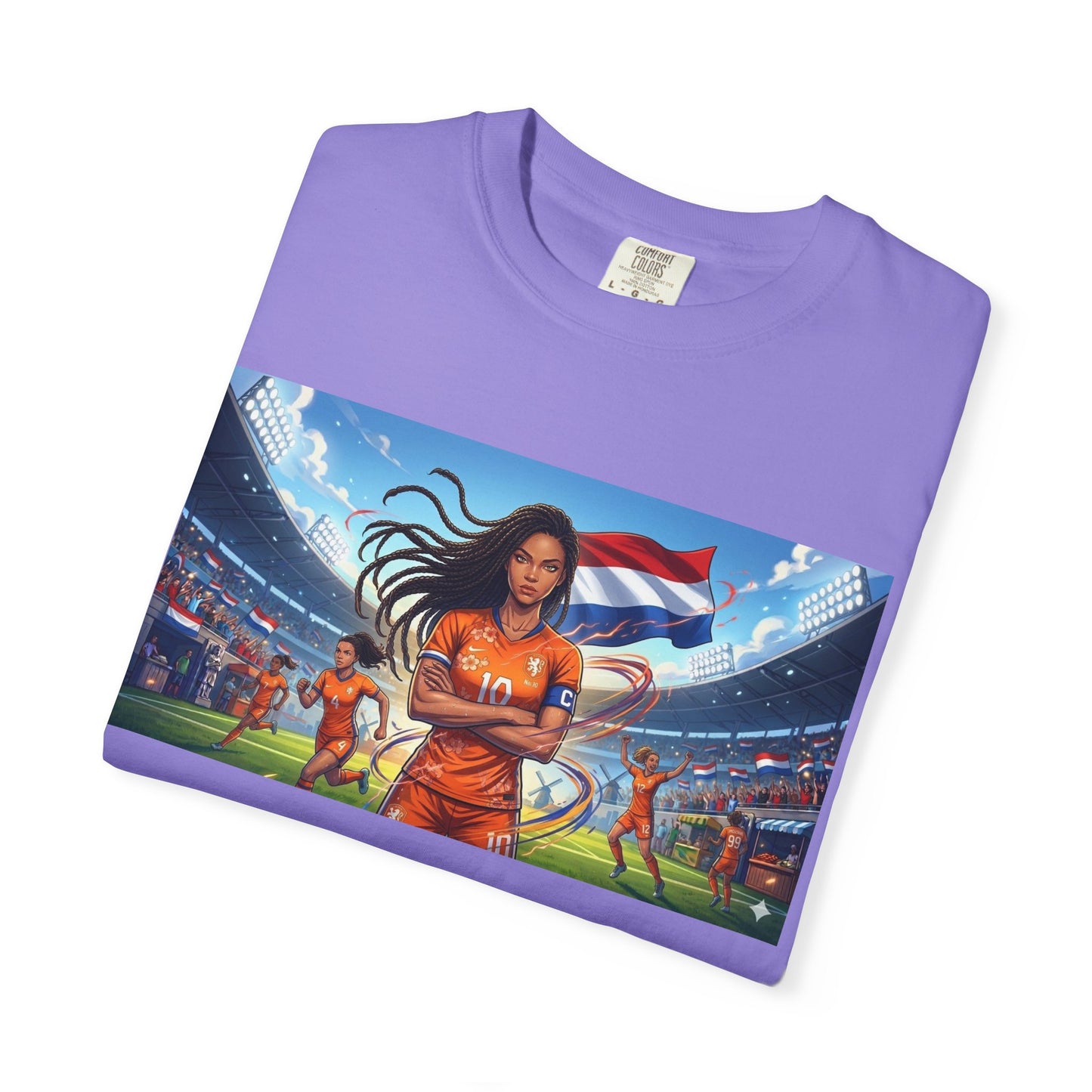 Soccer Warrior T-Shirt — Netherlands Female Captain with Flag Stadium Graphic