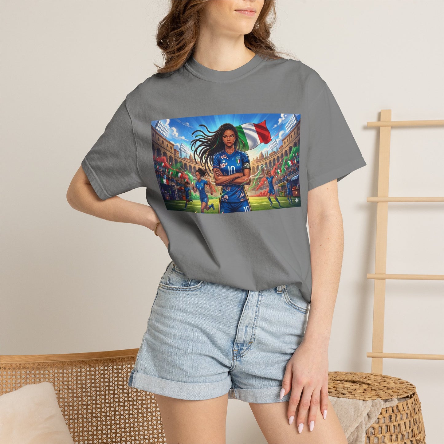 Italian Soccer Fan T‑Shirt – Inspirational Female Player with Italy Flag Stadium Print