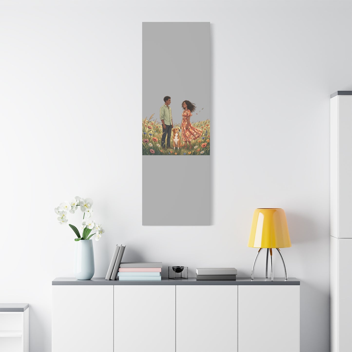 Romantic Couple in Wildflower Field Canvas Art — Black Love Wall Decor with Dog