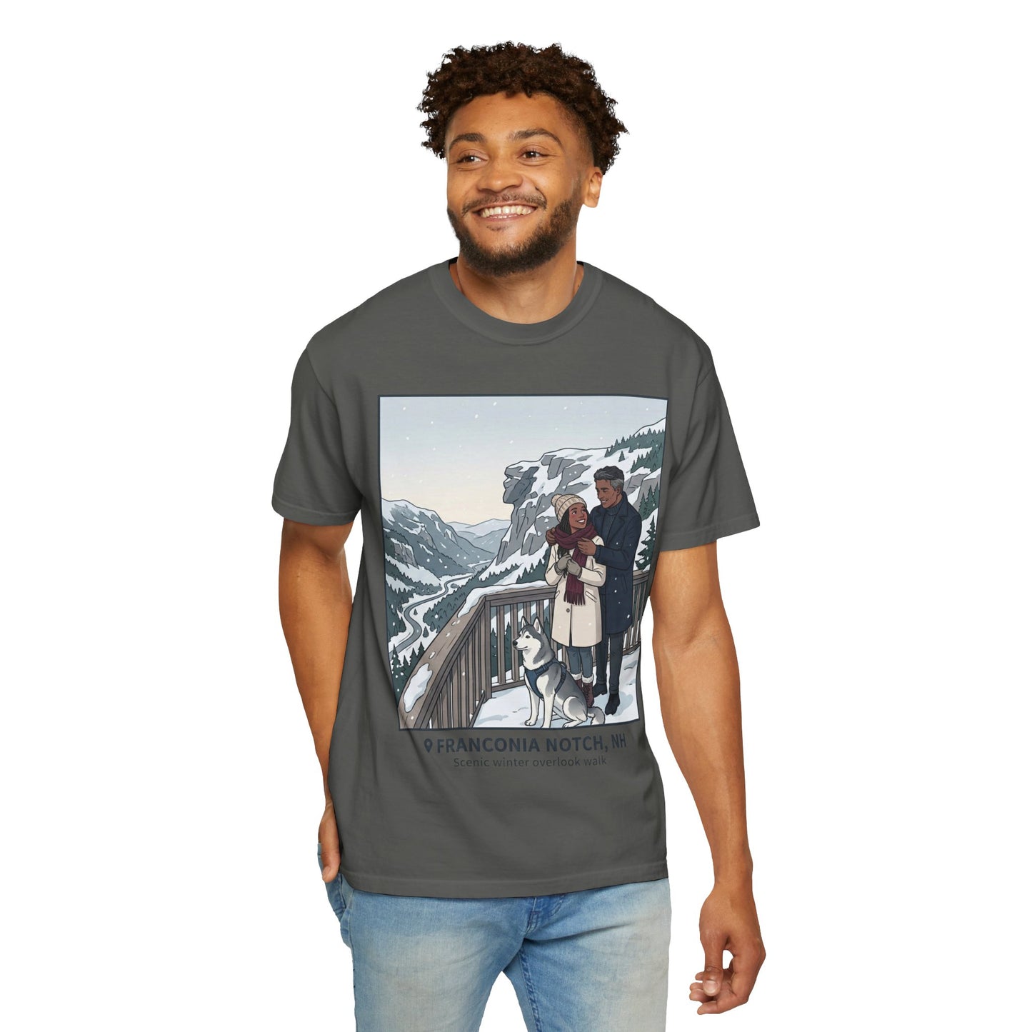 Franconia Notch NH Winter View T-Shirt — Scenic Couple & Husky Travel Tee