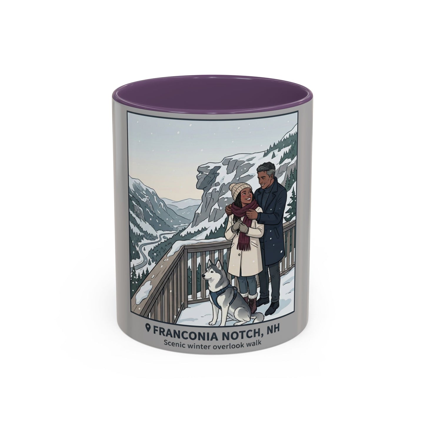 Franconia Notch Scenic Winter Mug — Couples & Dog Snowy Overlook Coffee Cup (11/15oz)