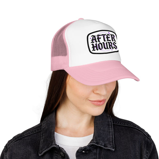 After Hours Foam Trucker Hat – Retro Gothic Embroidered Patch Cap