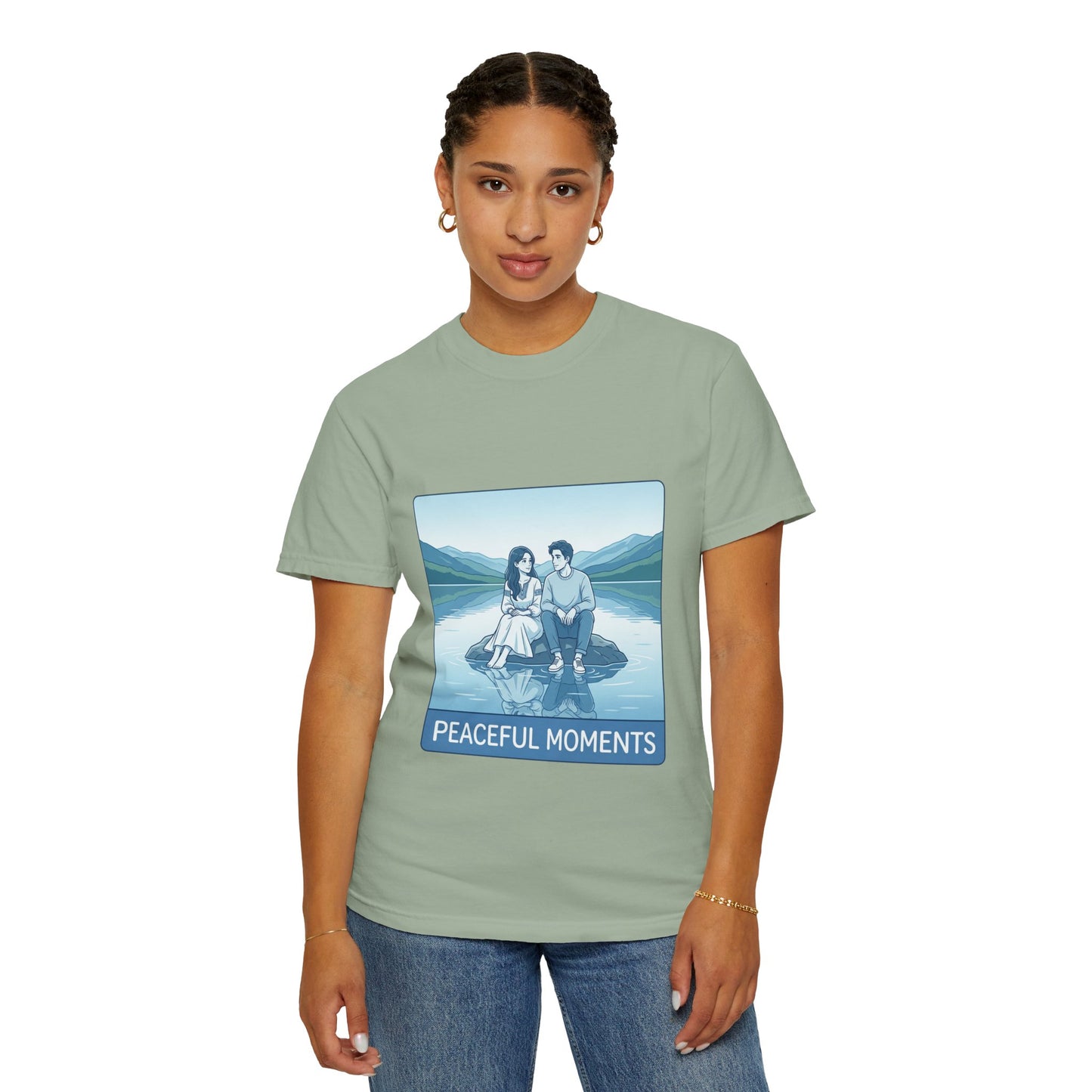 Peaceful Moments Tee — Couple Sitting by Lake Graphic T-Shirt