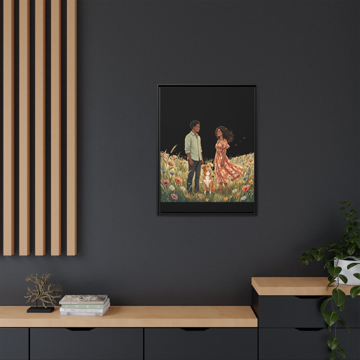 Framed Matte Canvas Print — Romantic Couple in Wildflower Field (Multi‑Color)