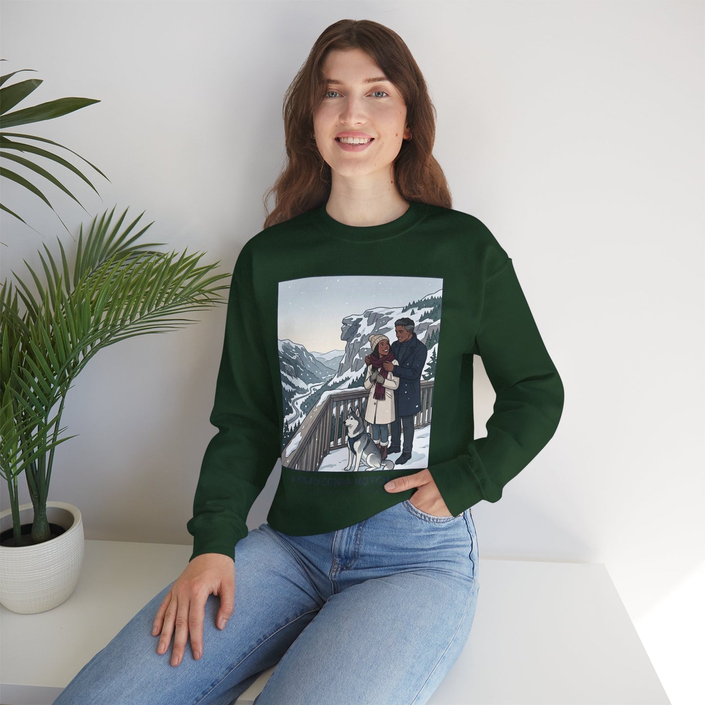 Crewneck Sweatshirt — Franconia Notch Winter Couple Scenic Graphic