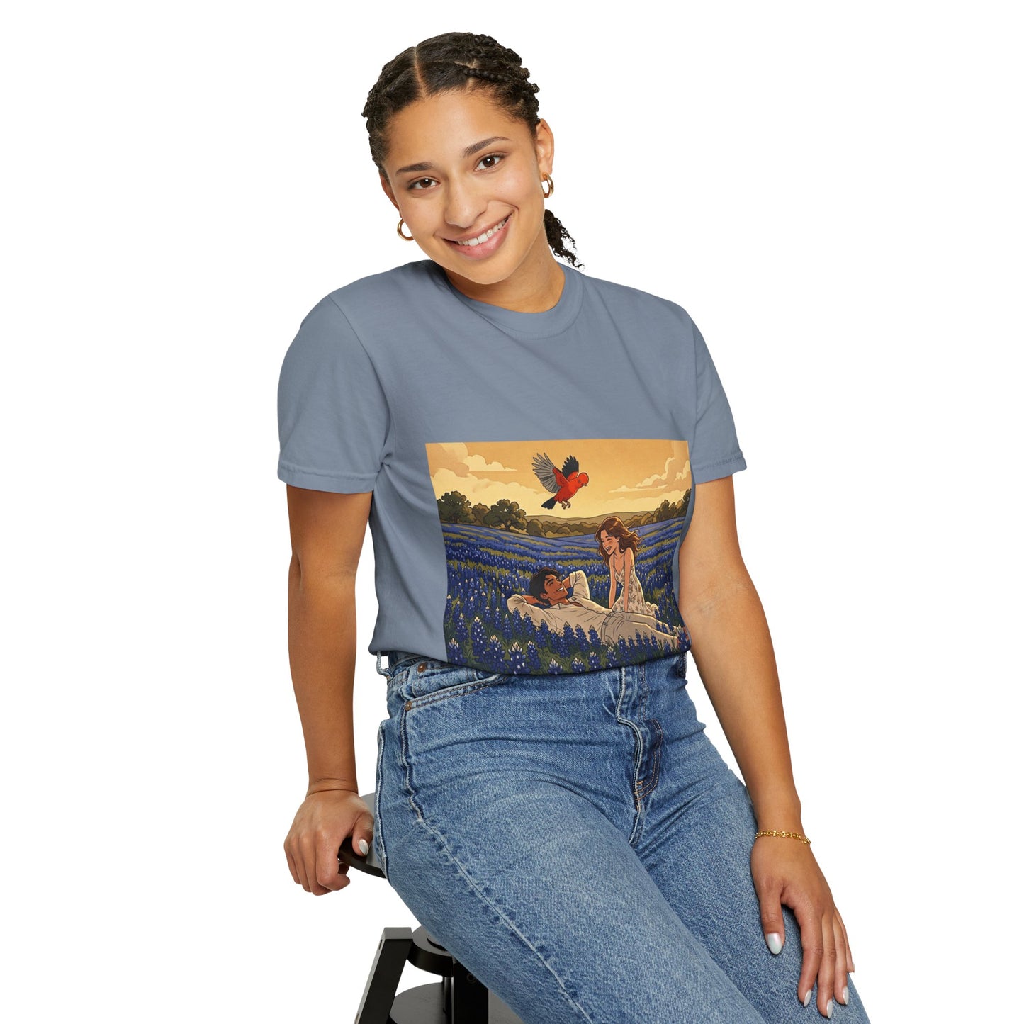 Romantic Bluebonnet Field T-Shirt — Couple in Wildflower Meadow Art Tee