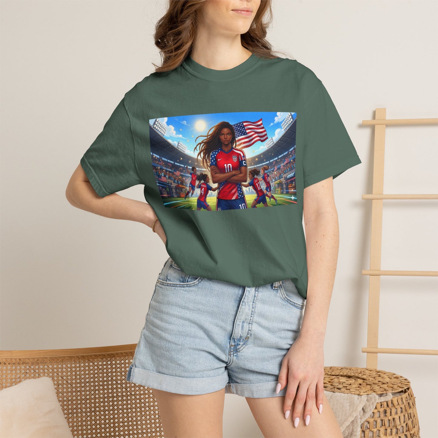 Soccer Mom USA T-Shirt — Female Soccer Player with American Flag Stadium Graphic
