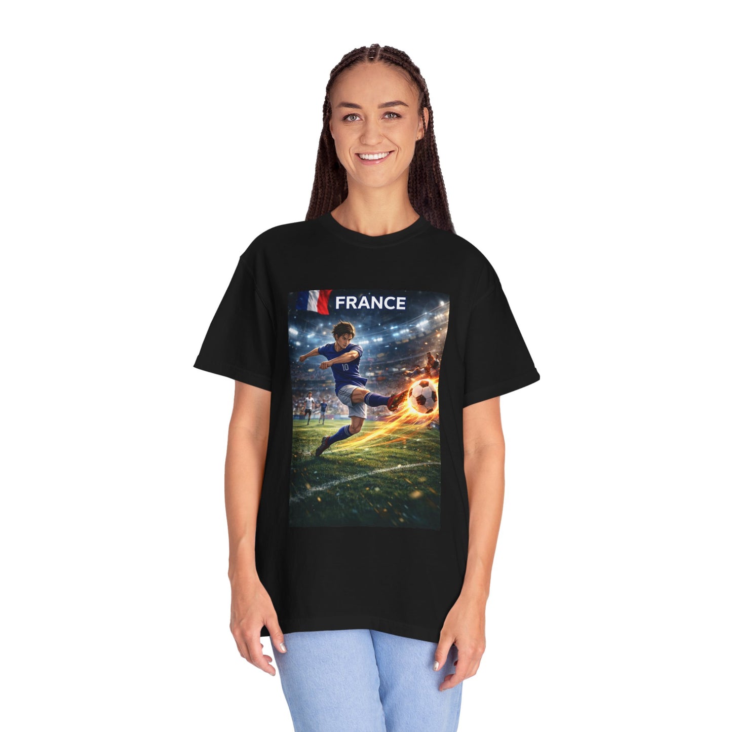 France Soccer Player Graphic T-Shirt — Football Kick Stadium Design