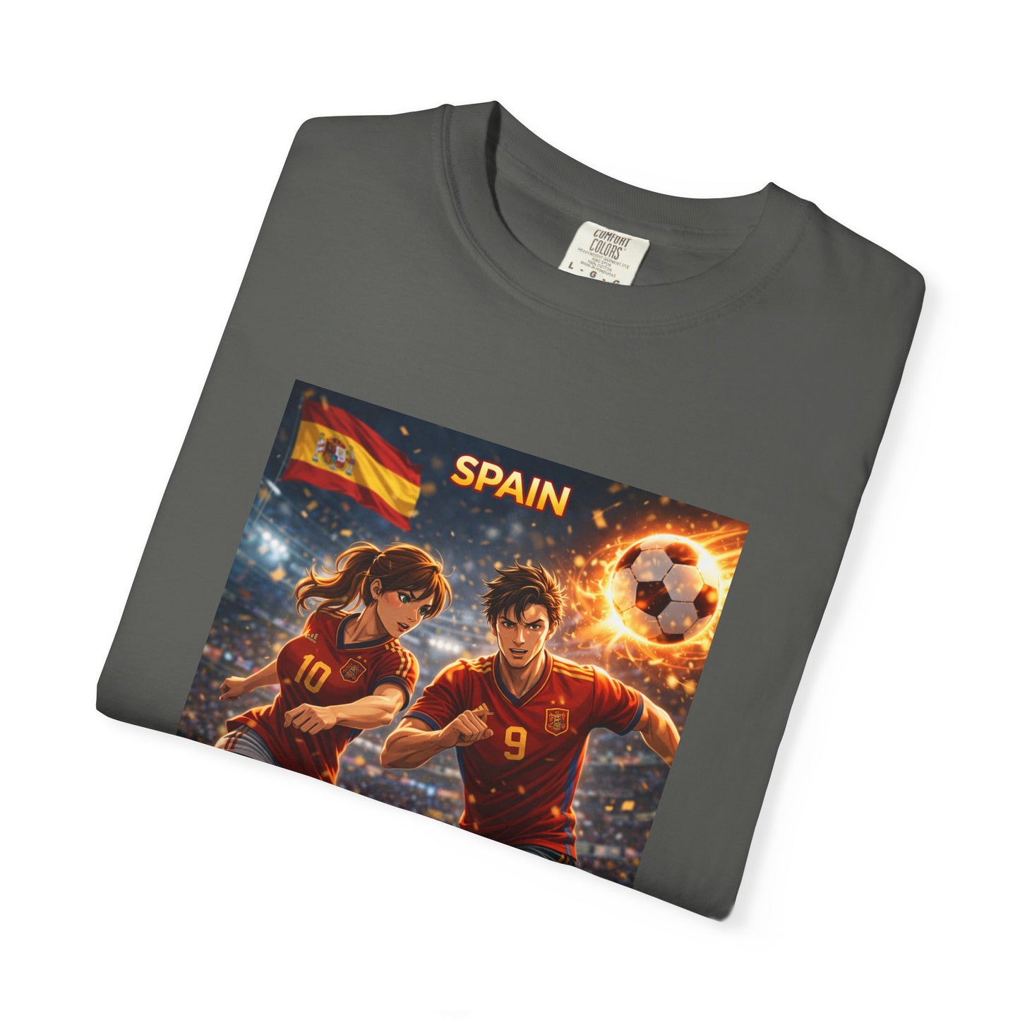 Spain Soccer Graphic T-Shirt — Retro Match Scene with Flag