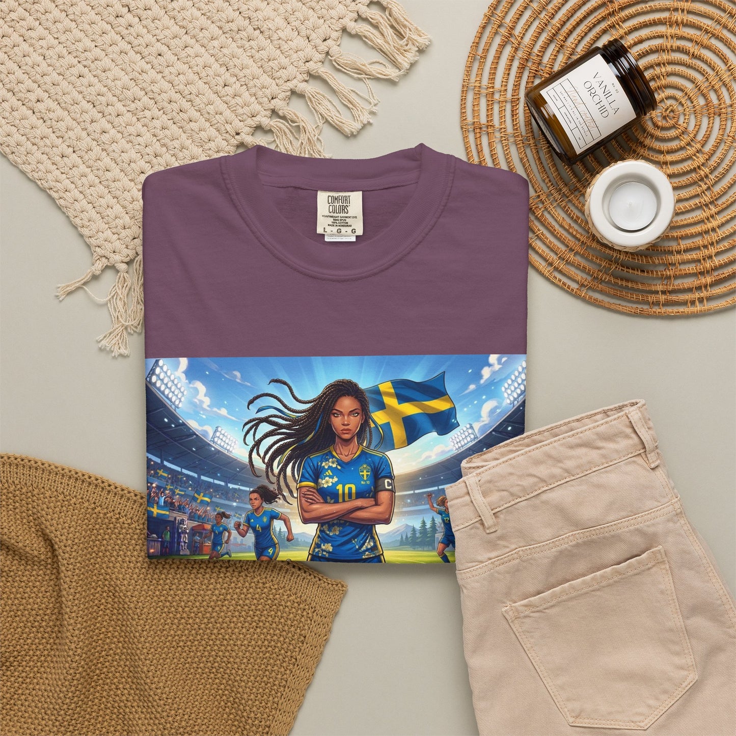 Swedish Soccer Pride T-Shirt — Female Footballer with Flag Stadium Design