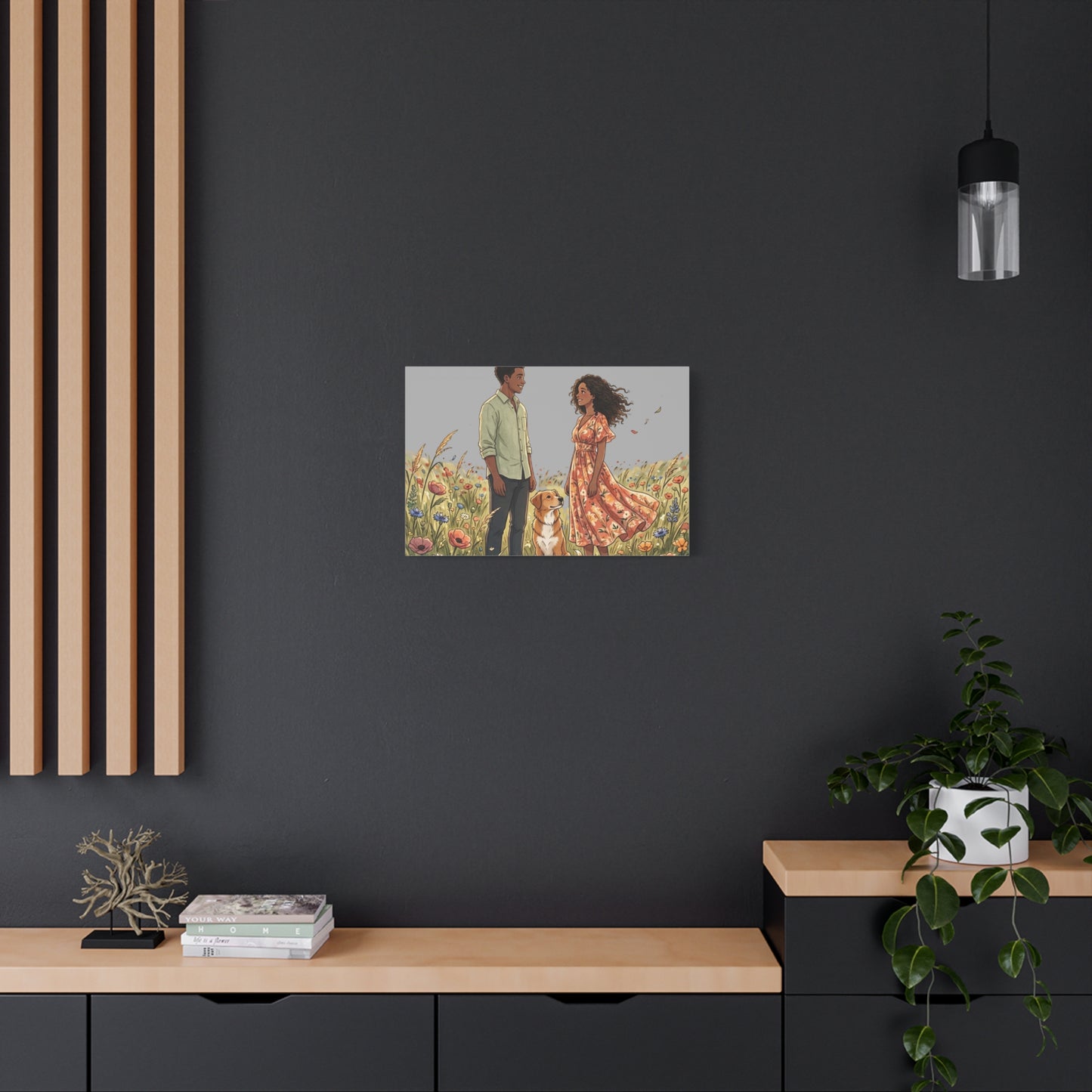 Romantic Couple in Wildflower Field Canvas Art — Black Love Wall Decor with Dog
