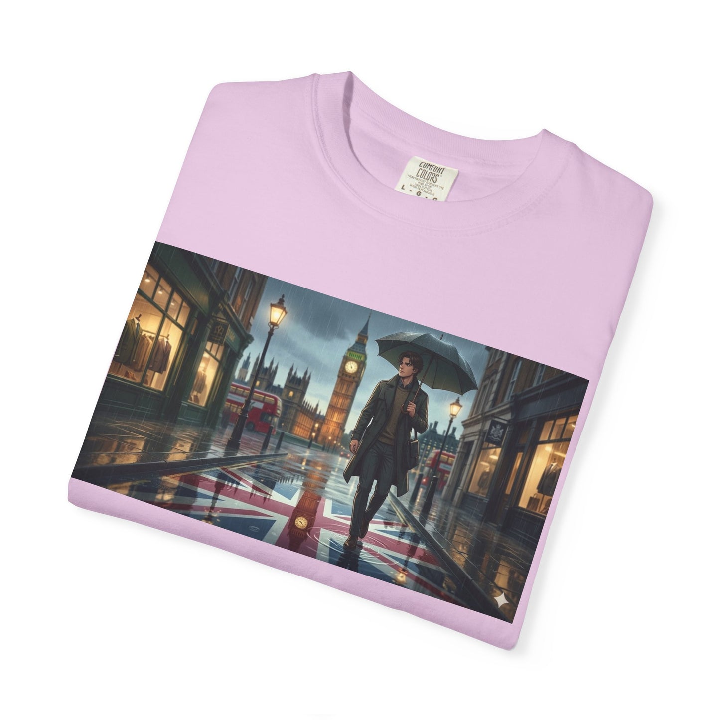 T-Shirt — Rainy London Street Scene Graphic Tee (Big Ben, Umbrella, Night Cityscape)