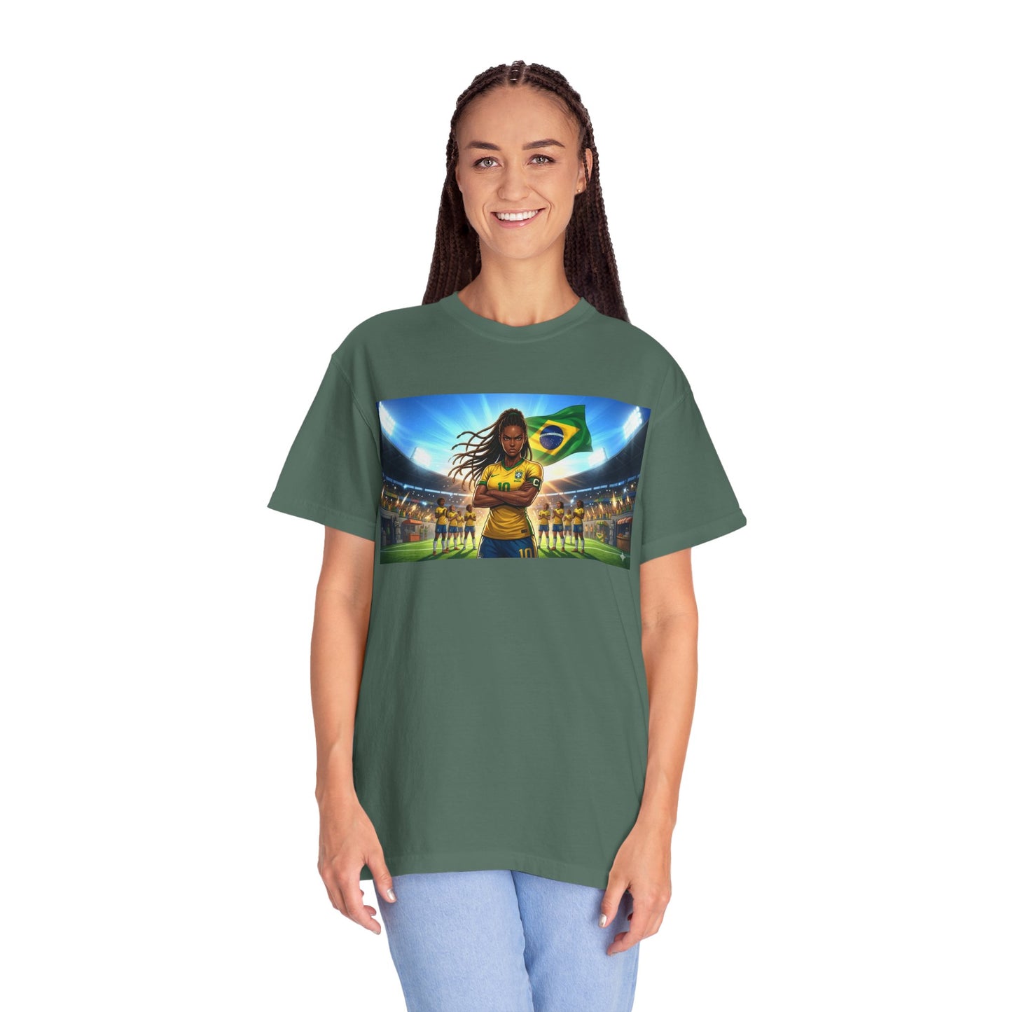 Brazil Soccer Captain T-Shirt — Player Holding Ball with Brazilian Flag Stadium Graphic