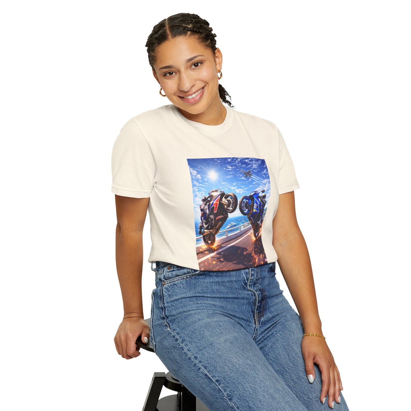 Stunt Riders Motorcycle T-Shirt — Two Bike Wheelie Racing Graphic Tee