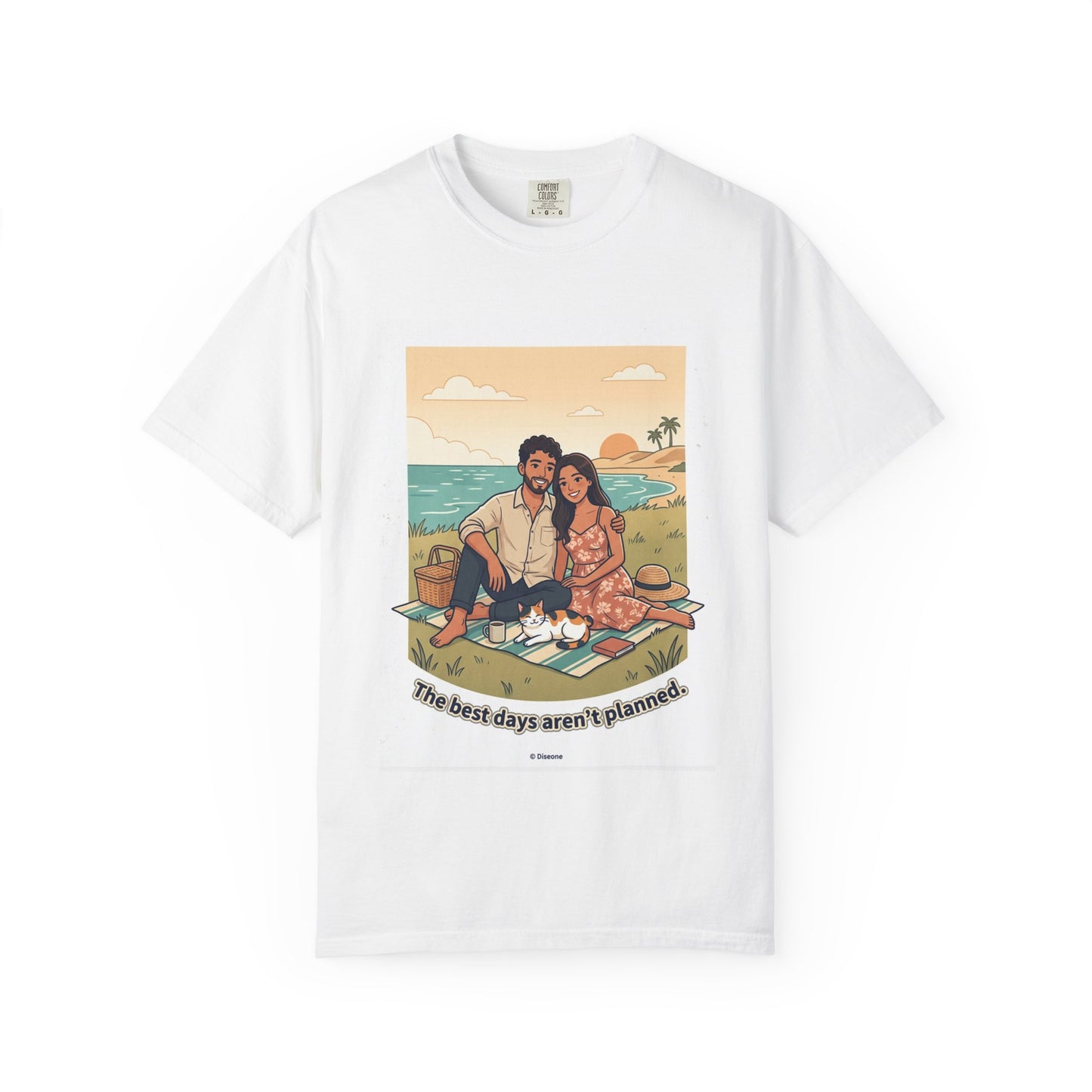Beach Picnic Couple T‑Shirt — “The best days aren’t planned.” Relaxed Vacation Tee