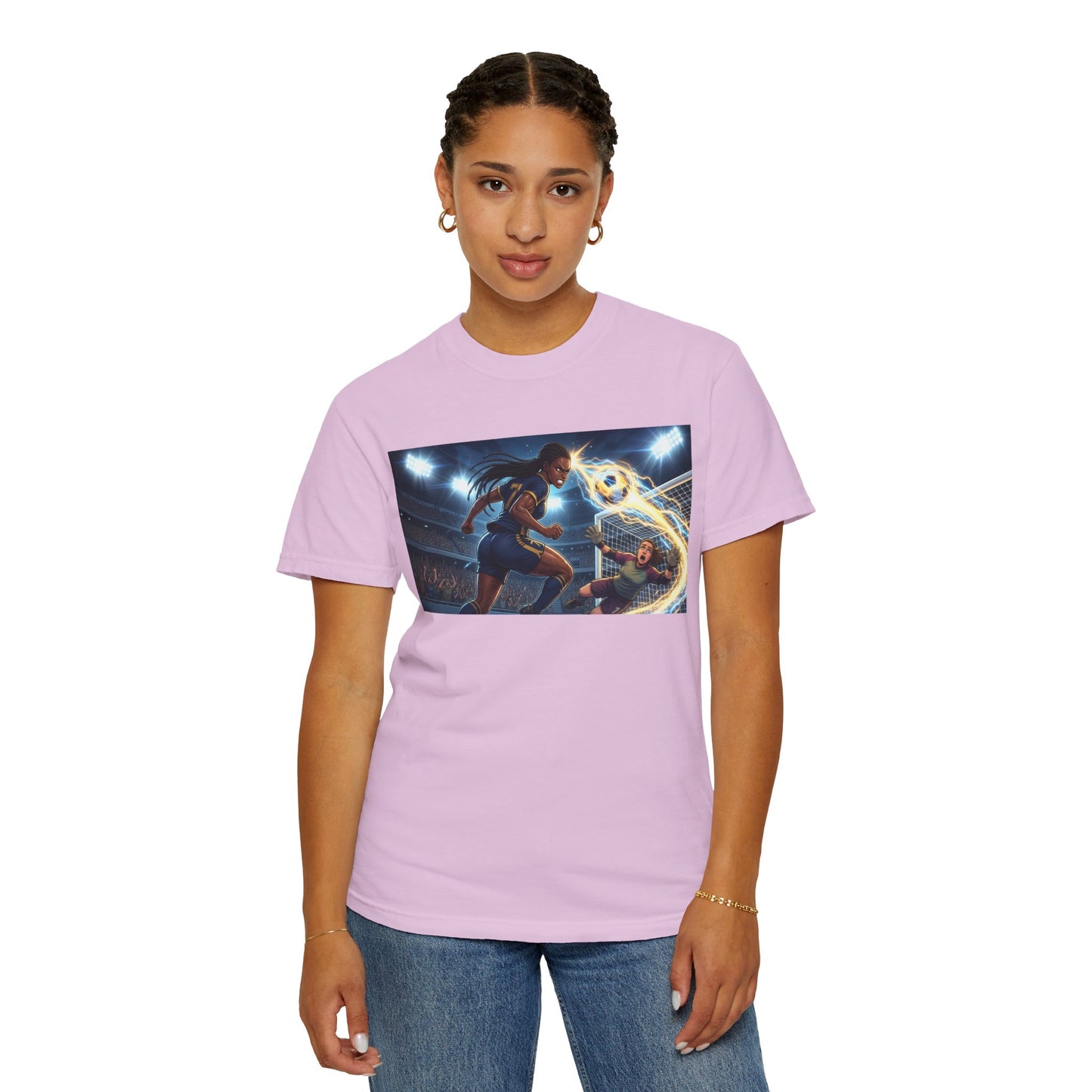 Soccer Duel Graphic T-Shirt — Futuristic Goalkeeper vs Striker Stadium Print