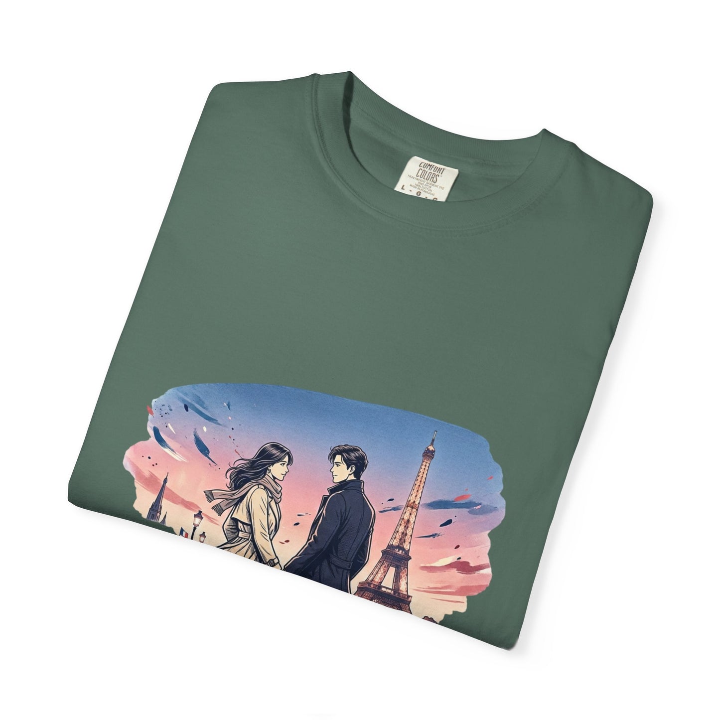 Paris Sunset Romance T-Shirt — Couple Walking by Eiffel Tower Graphic Tee