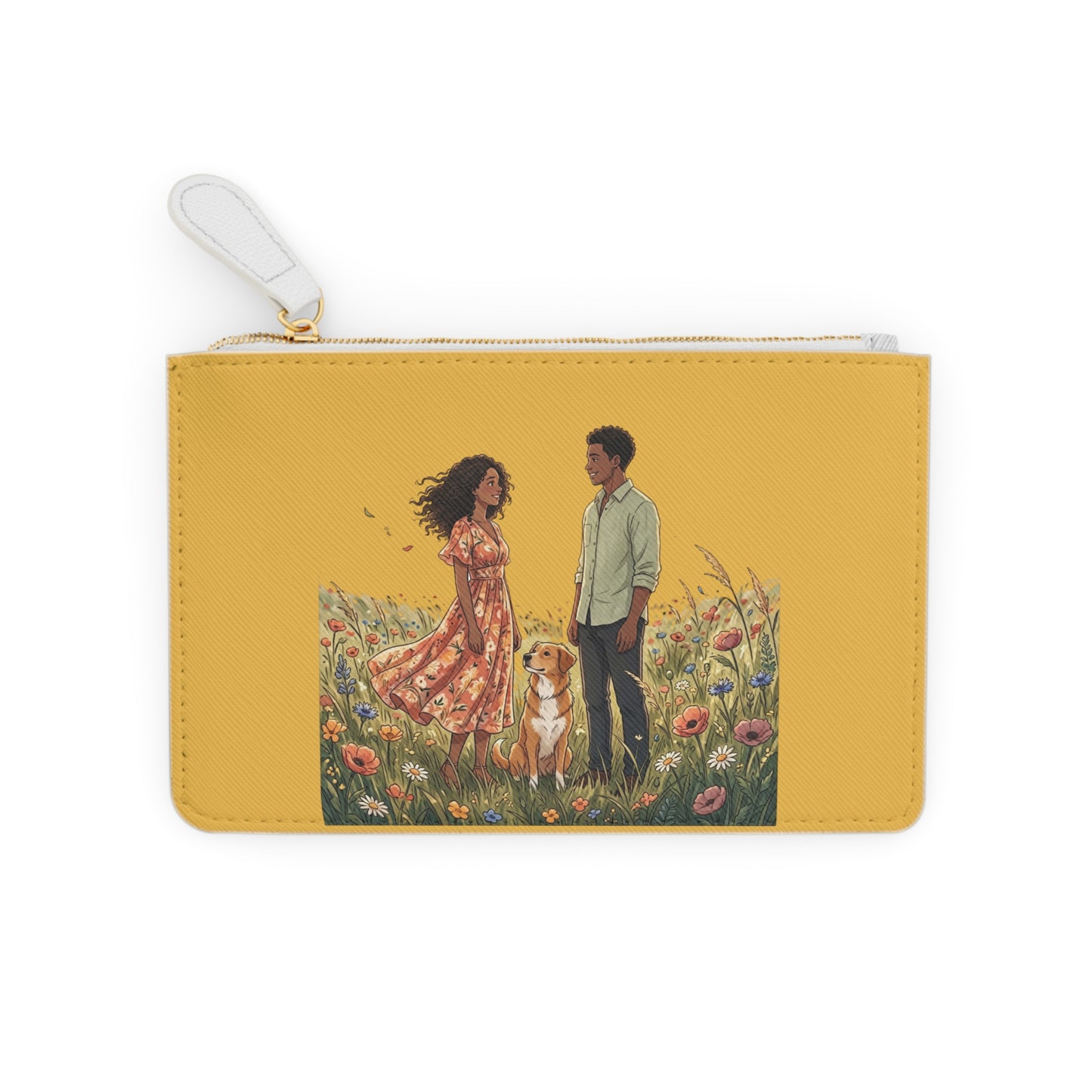 Mini Clutch Bag — Romantic Couple & Dog Illustration on Mustard